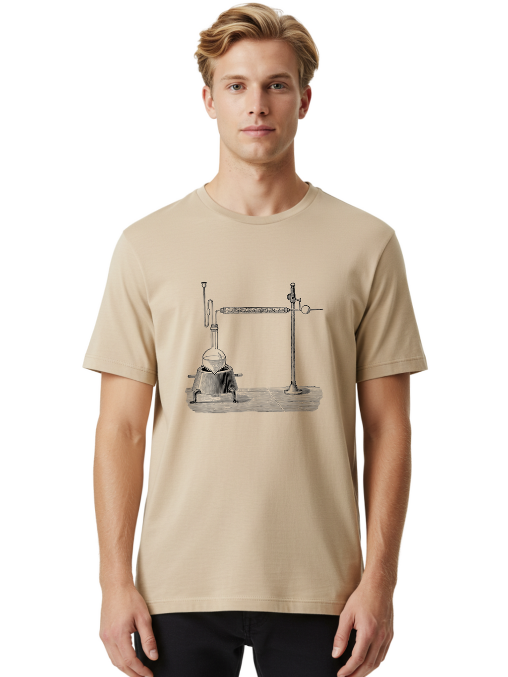 Laboratory-Distillation-Apparatus-1 Men'S Graphic Tee, 100% Cotton, Comfortable Casual Summer Wear, Machine Washable, Distillation Equipment, Laboratory Setup, Scientific Apparatus, Chemistry Experiment, Glassware, Vintage Illustration, Aad613