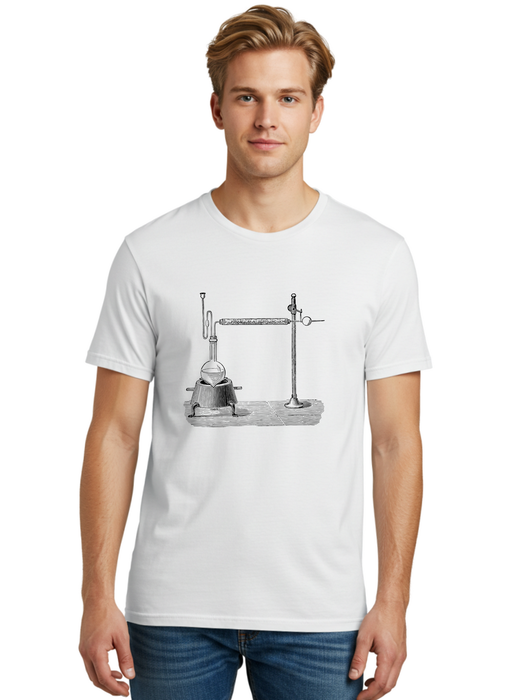 Laboratory-Distillation-Apparatus-1 Men'S Graphic Tee, 100% Cotton, Comfortable Casual Summer Wear, Machine Washable, Distillation Equipment, Laboratory Setup, Scientific Apparatus, Chemistry Experiment, Glassware, Vintage Illustration, Aad613