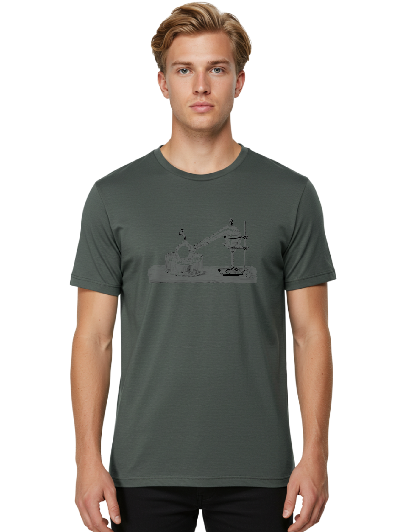 Laboratory-Equipment-7 Men'S Graphic Tee, 100% Cotton, Comfortable Casual Summer Wear, Machine Washable, Distillation Equipment, Laboratory Setup, Science Experiment, Chemistry, Glassware, Retort, Condenser, Laboratory Table Aad621