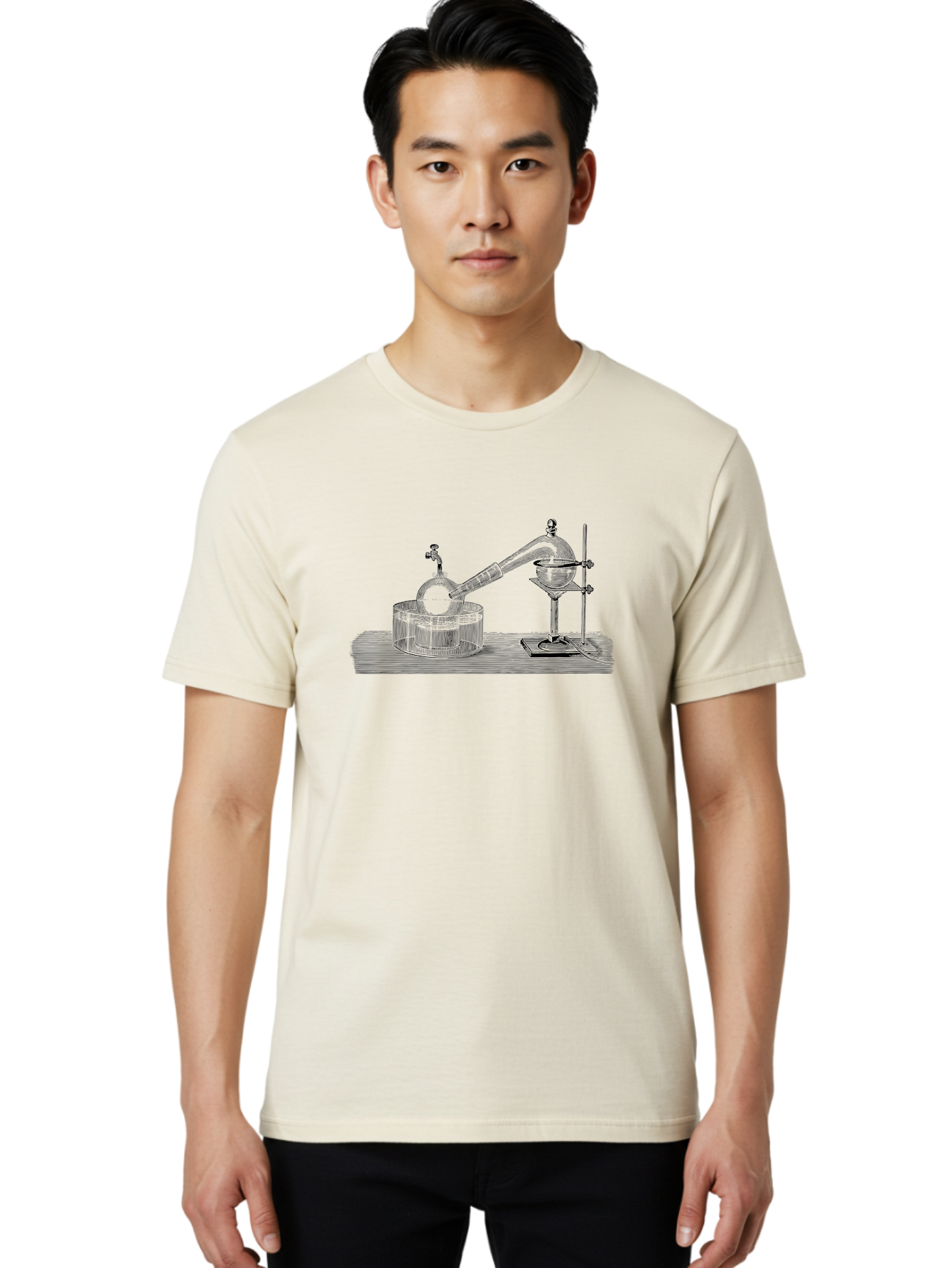 Laboratory-Equipment-7 Men'S Graphic Tee, 100% Cotton, Comfortable Casual Summer Wear, Machine Washable, Distillation Equipment, Laboratory Setup, Science Experiment, Chemistry, Glassware, Retort, Condenser, Laboratory Table Aad621