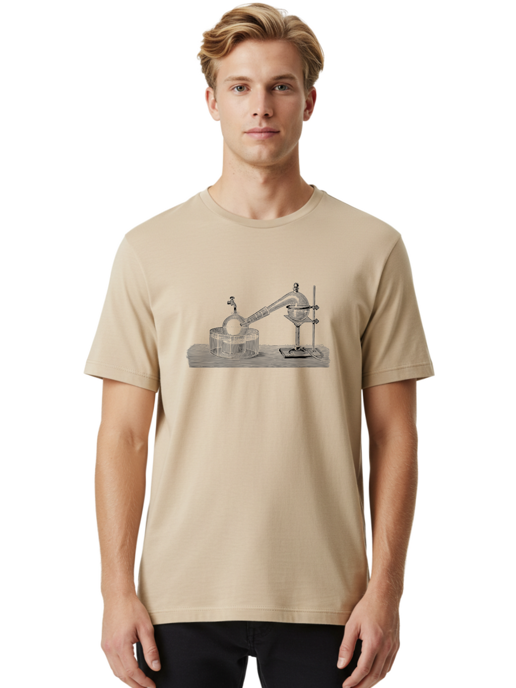 Laboratory-Equipment-7 Men'S Graphic Tee, 100% Cotton, Comfortable Casual Summer Wear, Machine Washable, Distillation Equipment, Laboratory Setup, Science Experiment, Chemistry, Glassware, Retort, Condenser, Laboratory Table Aad621