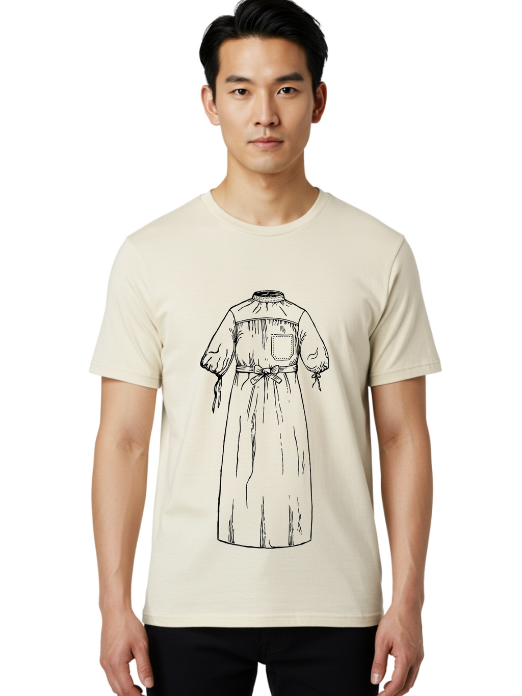 Long-Smock Men'S Graphic Tee, 100% Cotton, Comfortable Casual Summer Wear, Machine Washable, Simple Smock Design, High Neckline, Elastic Cuffs, Tie Belt, Utility Pocket, Practical Clothing, Vintage Fashion, Folk Style, Relaxed Fit, Aad629
