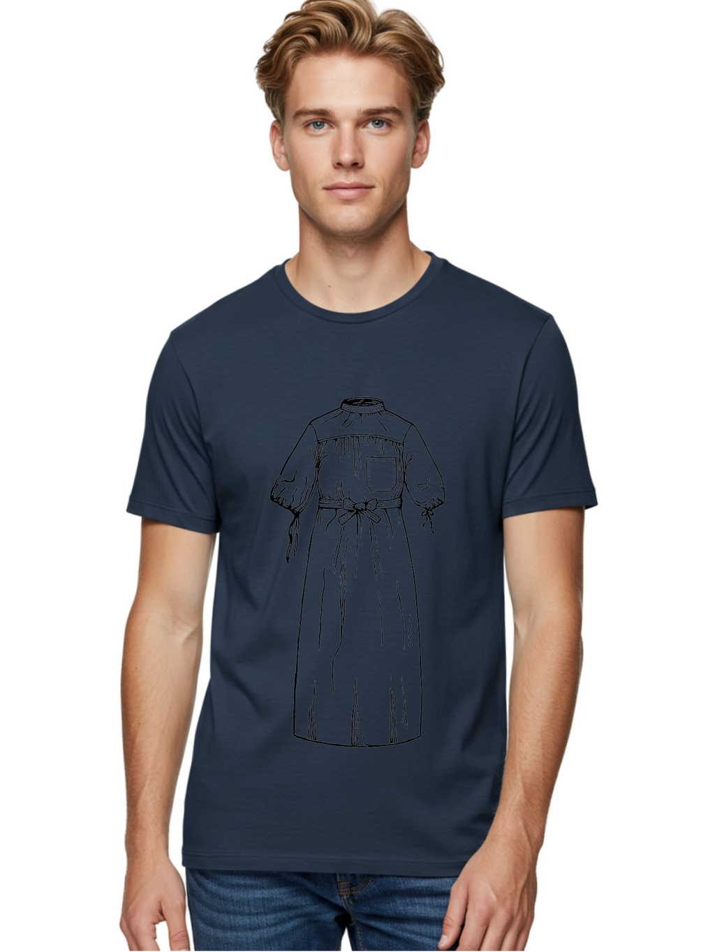 Long-Smock Men'S Graphic Tee, 100% Cotton, Comfortable Casual Summer Wear, Machine Washable, Simple Smock Design, High Neckline, Elastic Cuffs, Tie Belt, Utility Pocket, Practical Clothing, Vintage Fashion, Folk Style, Relaxed Fit, Aad629
