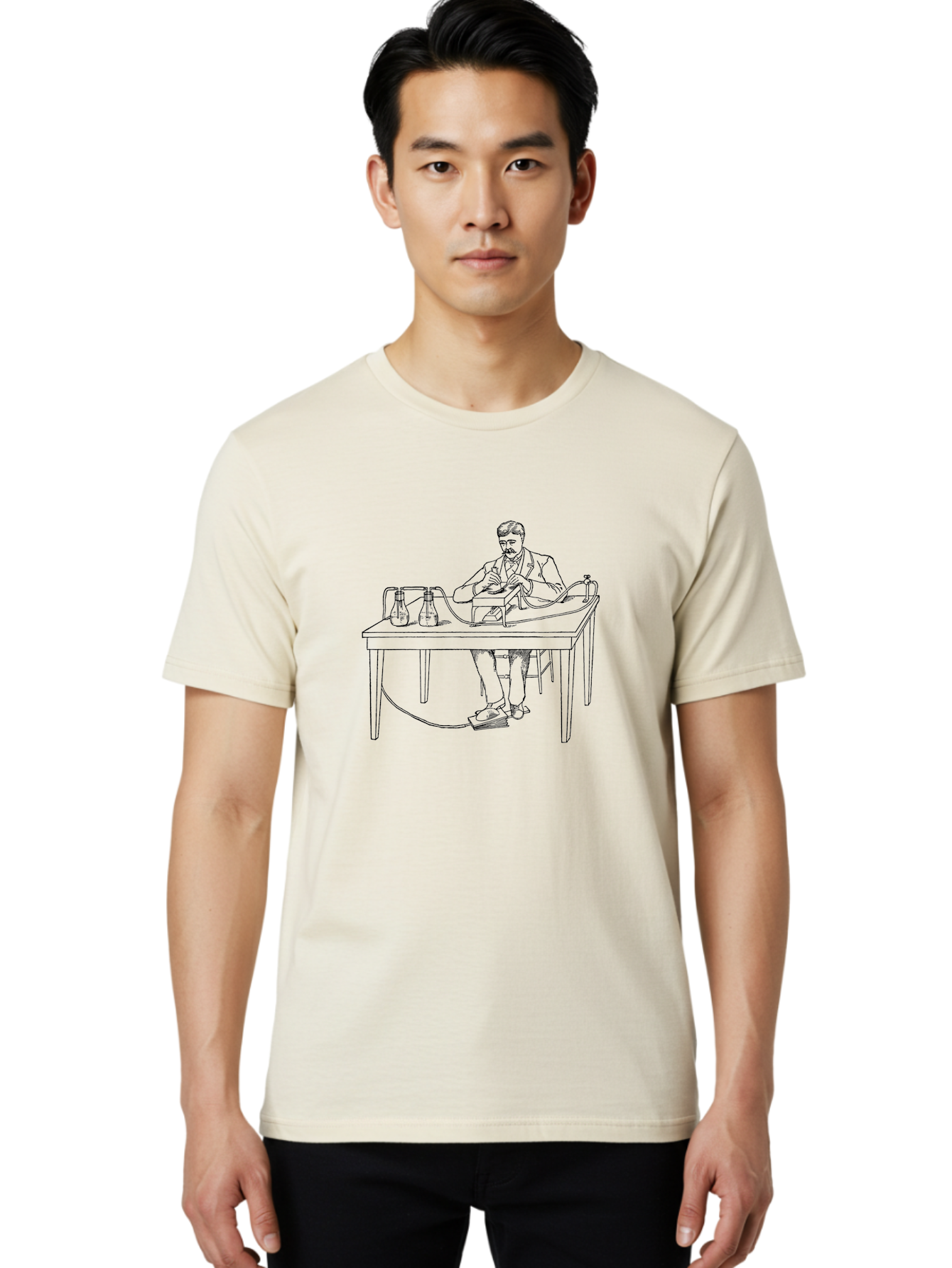 Man-Experimenting Men'S Graphic Tee, 100% Cotton, Comfortable Casual Summer Wear, Machine Washable, Scientist In A Lab, Experimental Setup, Laboratory Equipment, Scientific Research, Vintage Style, Monochrome Illustration, Chemistry Lab, Aad630