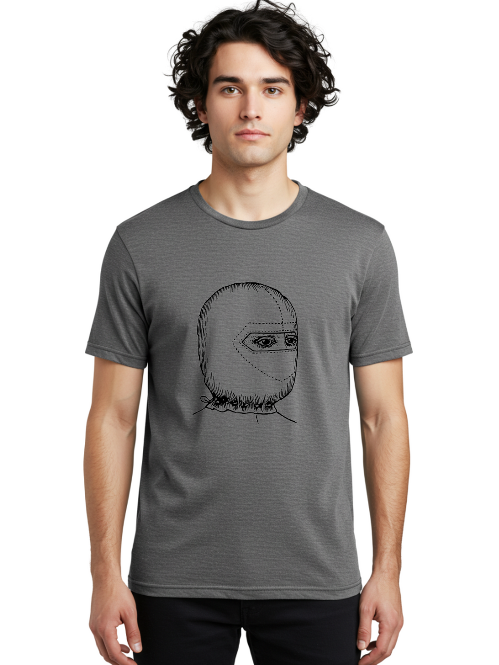 Masked-Figure Men'S Graphic Tee, 100% Cotton, Comfortable Casual Summer Wear, Machine Washable, Burglar Mask, Black And White Illustration, Crime Theme, Robber Costume, Dotted Lines, Facial Features Hidden, Menacing Figure, Sketch Art, Aad633