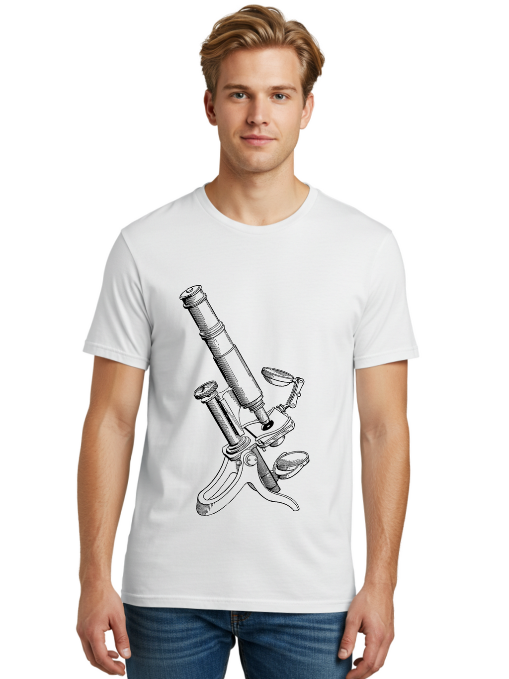 Microscope Men'S Graphic Tee, 100% Cotton, Comfortable Casual Summer Wear, Machine Washable, Microscope Illustration, Scientific Equipment, Laboratory Instrument, Cell Study, Detailed Drawing, Vintage Style, Scientific Research, Aad636