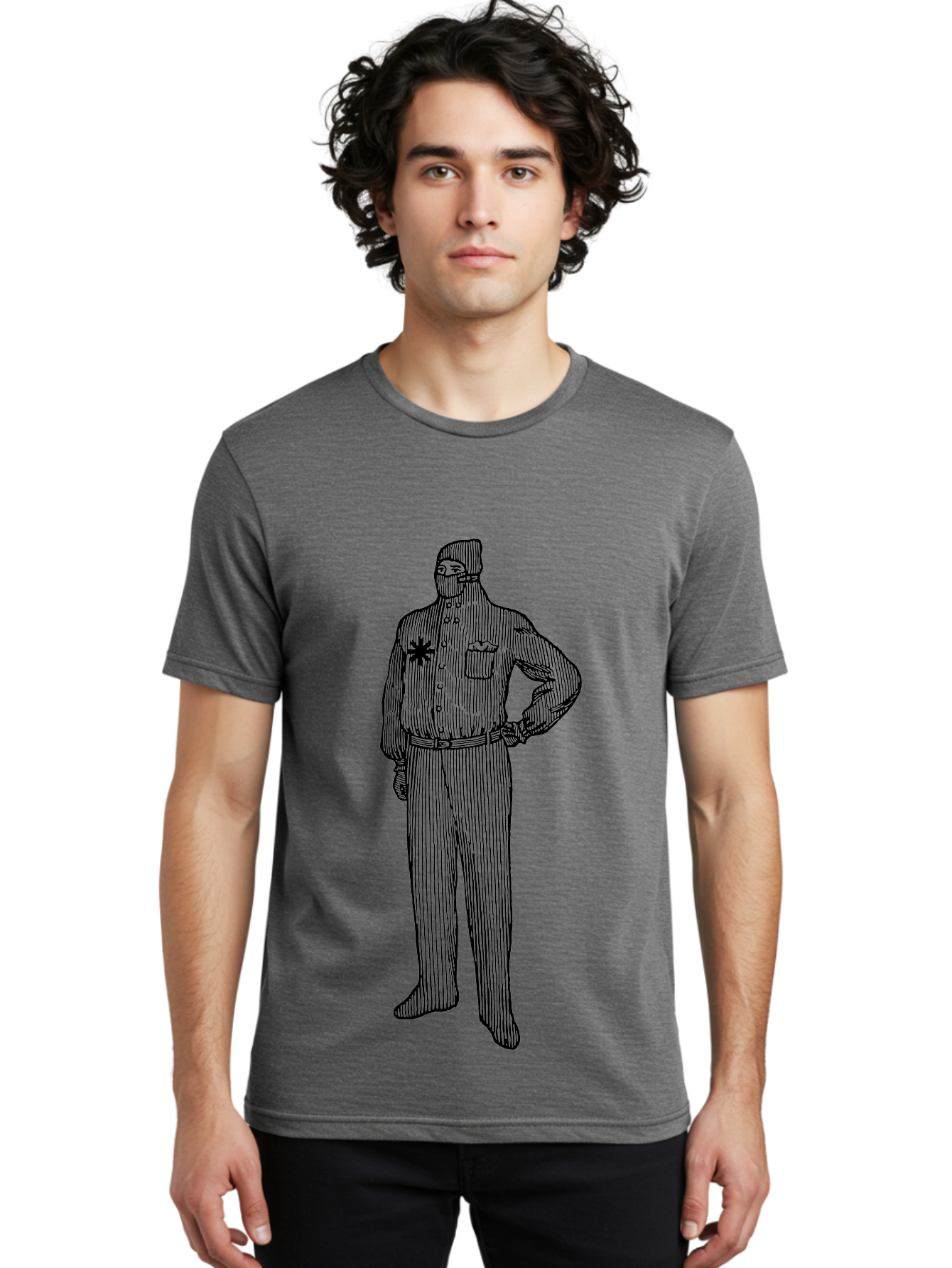 Police-Officer Men'S Graphic Tee, 100% Cotton, Comfortable Casual Summer Wear, Machine Washable, Police Officer, Law Enforcement, Badge On Chest, Hands On Hips, Confident Stance, Uniform Attire, Black Outline, Detailed Drawing Aad643