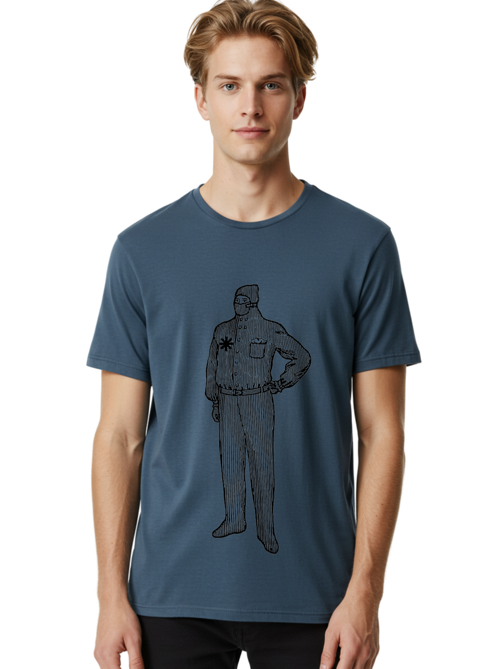 Police-Officer Men'S Graphic Tee, 100% Cotton, Comfortable Casual Summer Wear, Machine Washable, Police Officer, Law Enforcement, Badge On Chest, Hands On Hips, Confident Stance, Uniform Attire, Black Outline, Detailed Drawing Aad643