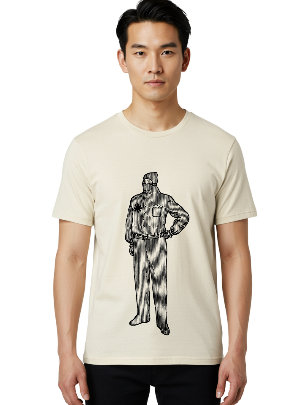 Police-Officer Men'S Graphic Tee, 100% Cotton, Comfortable Casual Summer Wear, Machine Washable, Police Officer, Law Enforcement, Badge On Chest, Hands On Hips, Confident Stance, Uniform Attire, Black Outline, Detailed Drawing Aad643