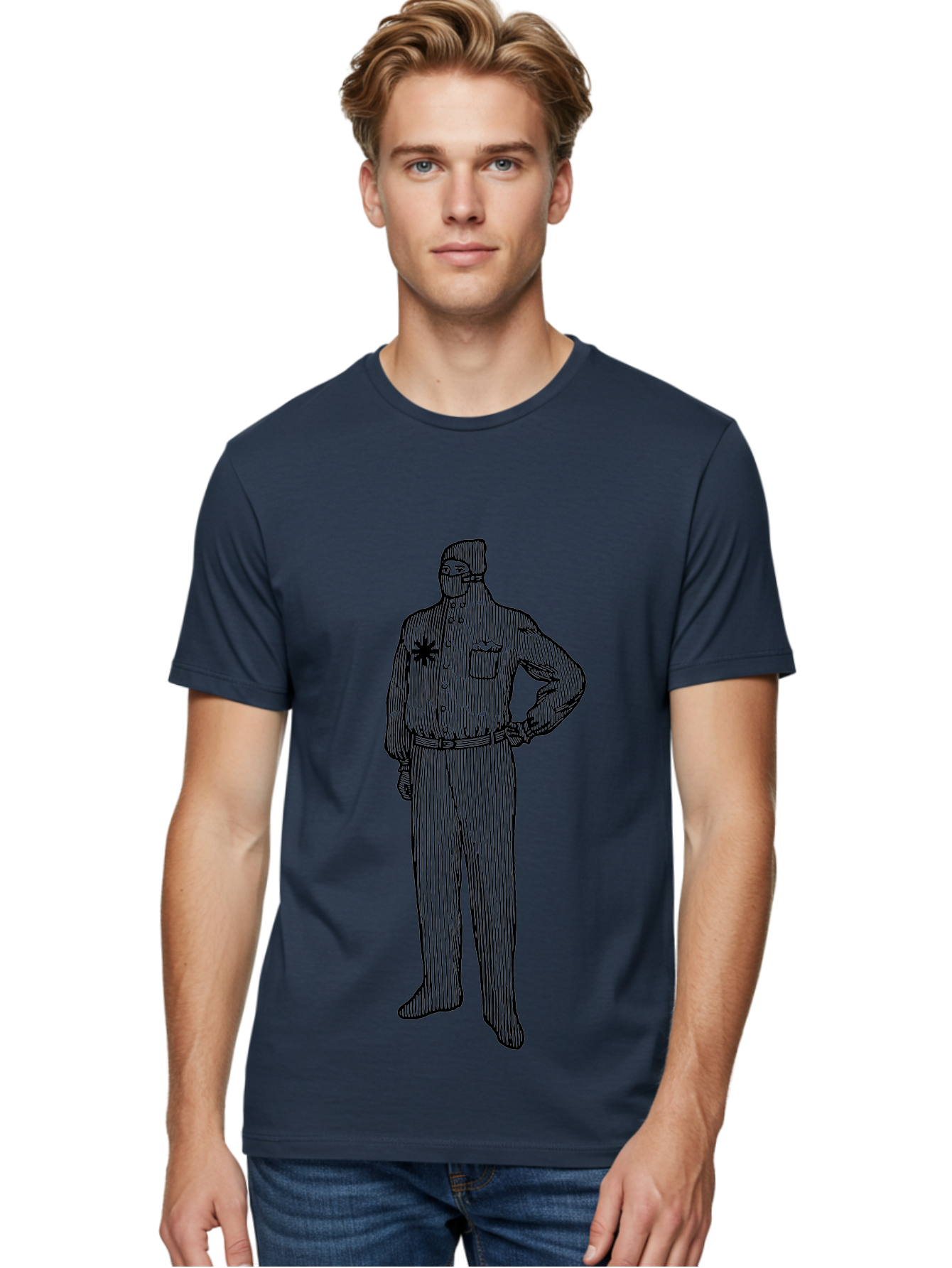 Police-Officer Men'S Graphic Tee, 100% Cotton, Comfortable Casual Summer Wear, Machine Washable, Police Officer, Law Enforcement, Badge On Chest, Hands On Hips, Confident Stance, Uniform Attire, Black Outline, Detailed Drawing Aad643