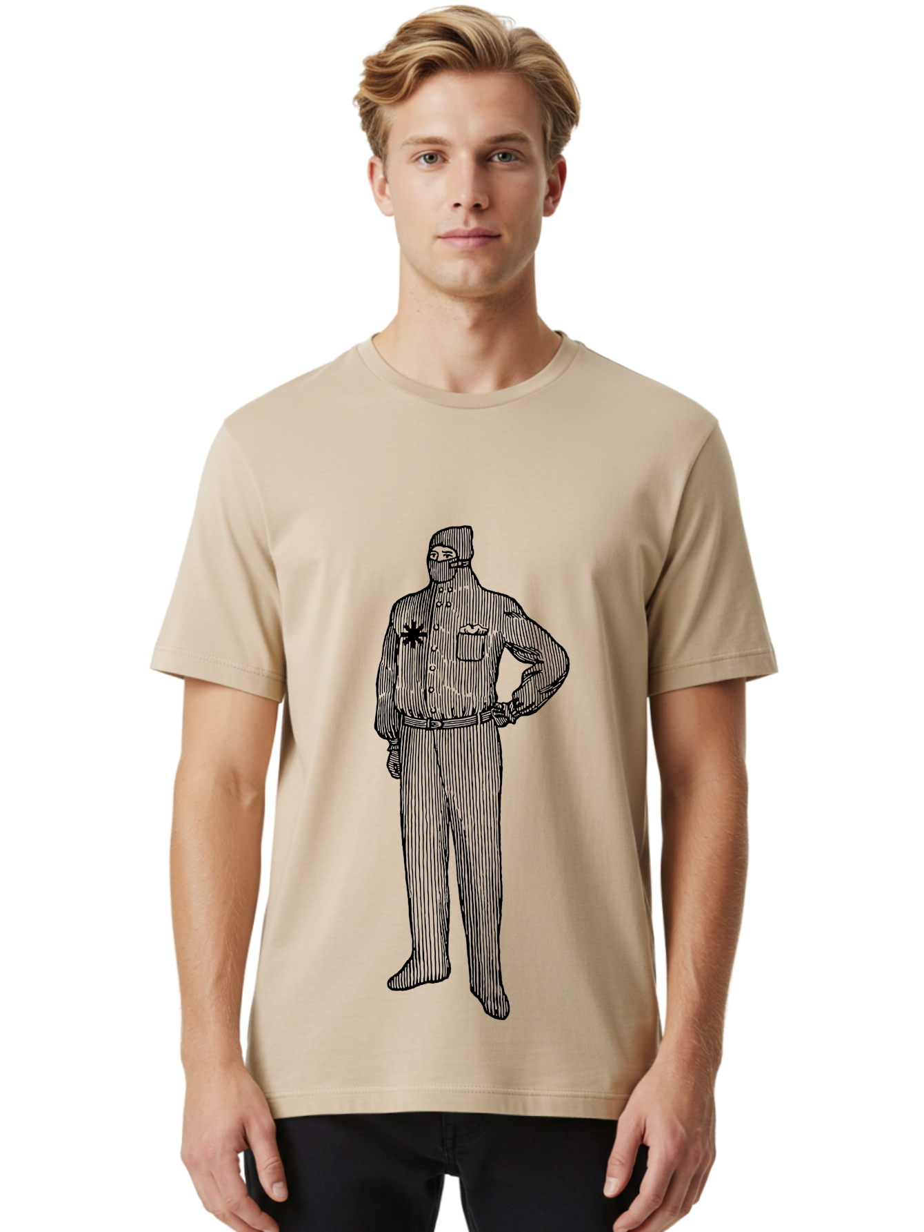 Police-Officer Men'S Graphic Tee, 100% Cotton, Comfortable Casual Summer Wear, Machine Washable, Police Officer, Law Enforcement, Badge On Chest, Hands On Hips, Confident Stance, Uniform Attire, Black Outline, Detailed Drawing Aad643