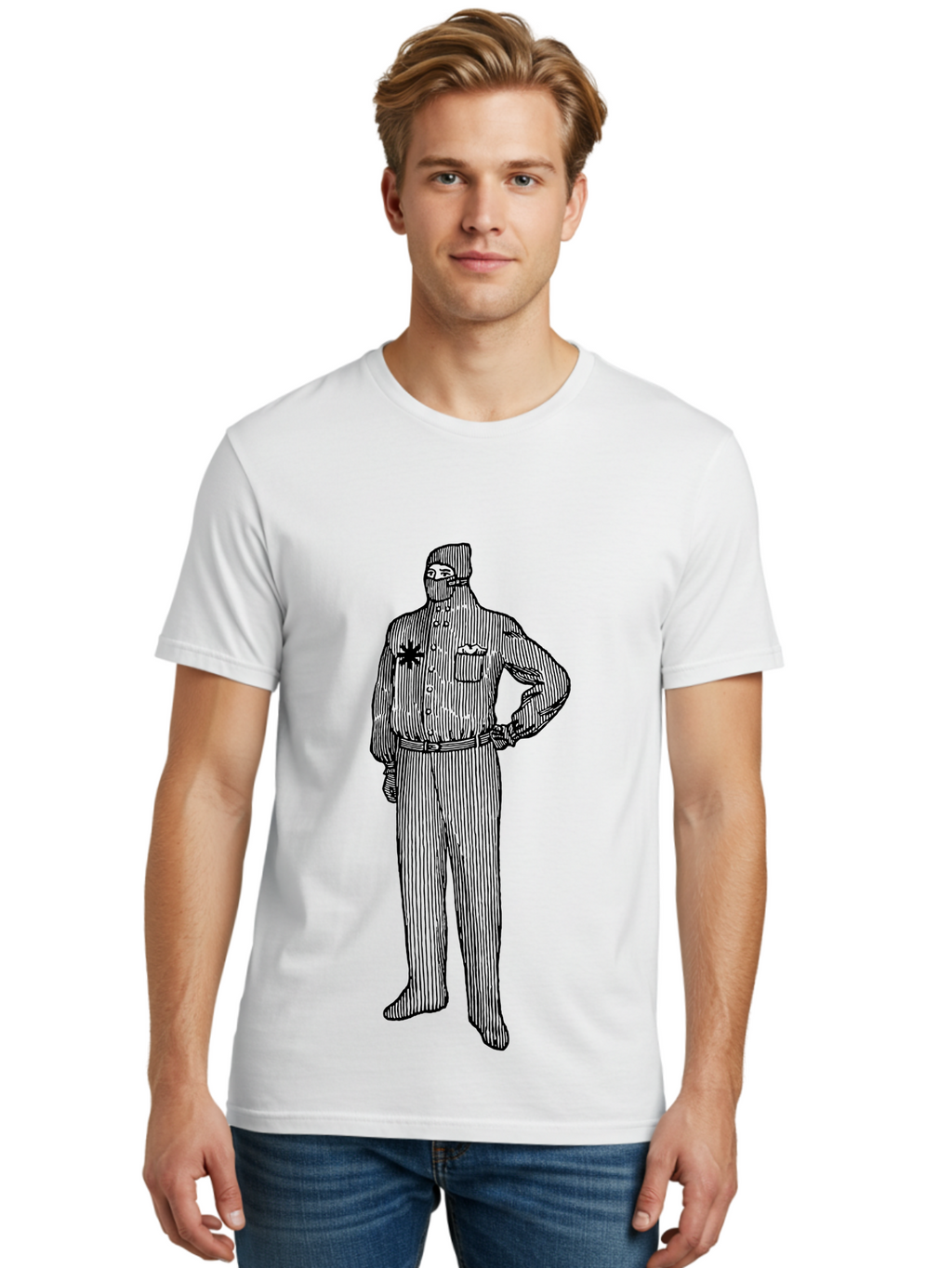 Police-Officer Men'S Graphic Tee, 100% Cotton, Comfortable Casual Summer Wear, Machine Washable, Police Officer, Law Enforcement, Badge On Chest, Hands On Hips, Confident Stance, Uniform Attire, Black Outline, Detailed Drawing Aad643