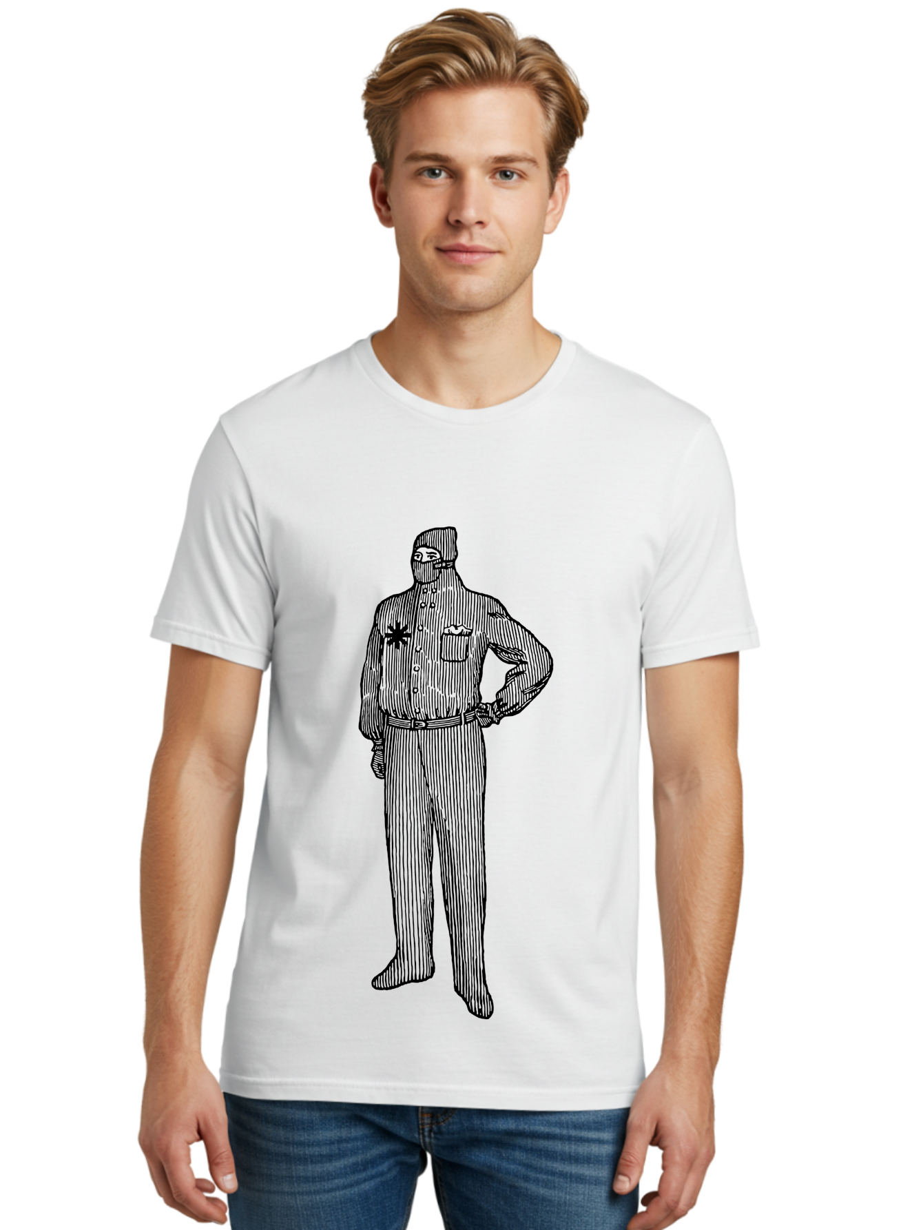 Police-Officer Men'S Graphic Tee, 100% Cotton, Comfortable Casual Summer Wear, Machine Washable, Police Officer, Law Enforcement, Badge On Chest, Hands On Hips, Confident Stance, Uniform Attire, Black Outline, Detailed Drawing Aad643