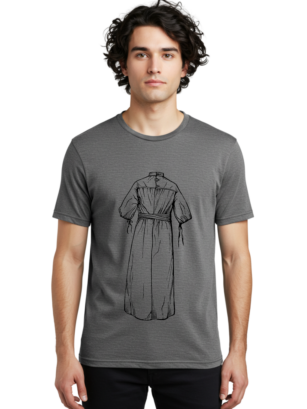 Smock-Dress Men'S Graphic Tee, 100% Cotton, Comfortable Casual Summer Wear, Machine Washable, Long Dress Illustration, Minimalist Fashion, Simple Clothing Design, High Neckline, Puffy Sleeves, Belted Waist, Elegant Style, Classic Garment, Aad650