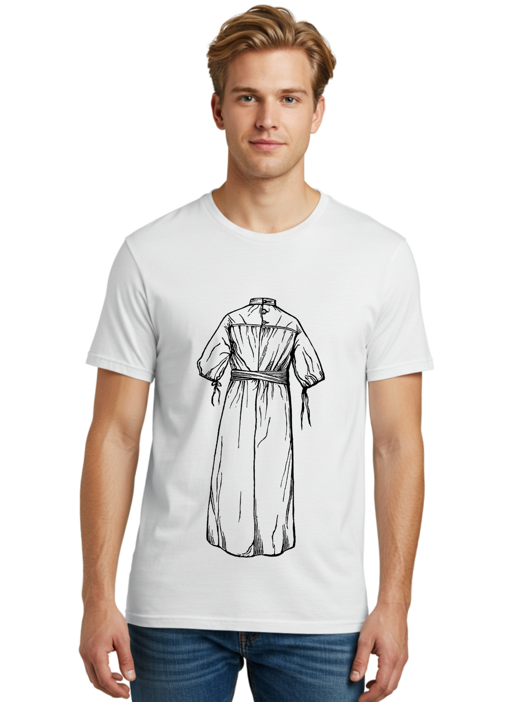 Smock-Dress Men'S Graphic Tee, 100% Cotton, Comfortable Casual Summer Wear, Machine Washable, Long Dress Illustration, Minimalist Fashion, Simple Clothing Design, High Neckline, Puffy Sleeves, Belted Waist, Elegant Style, Classic Garment, Aad650