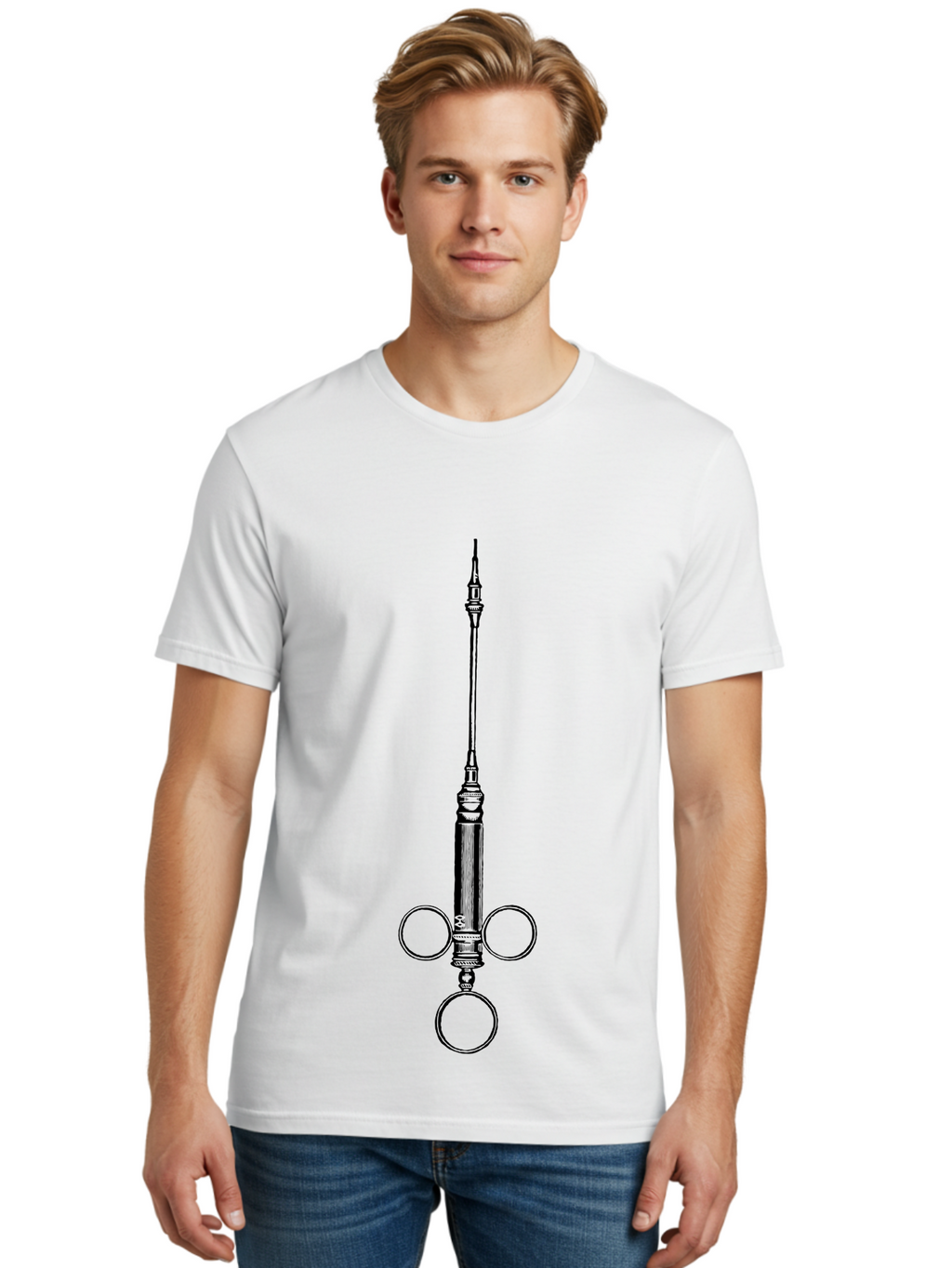 Syringe Men'S Graphic Tee, 100% Cotton, Comfortable Casual Summer Wear, Machine Washable, Medical Syringe, Medical Equipment, Healthcare Supplies, Injection Device, Vaccination Tool, Medical Illustration, Precise Medical Instrument Aad652