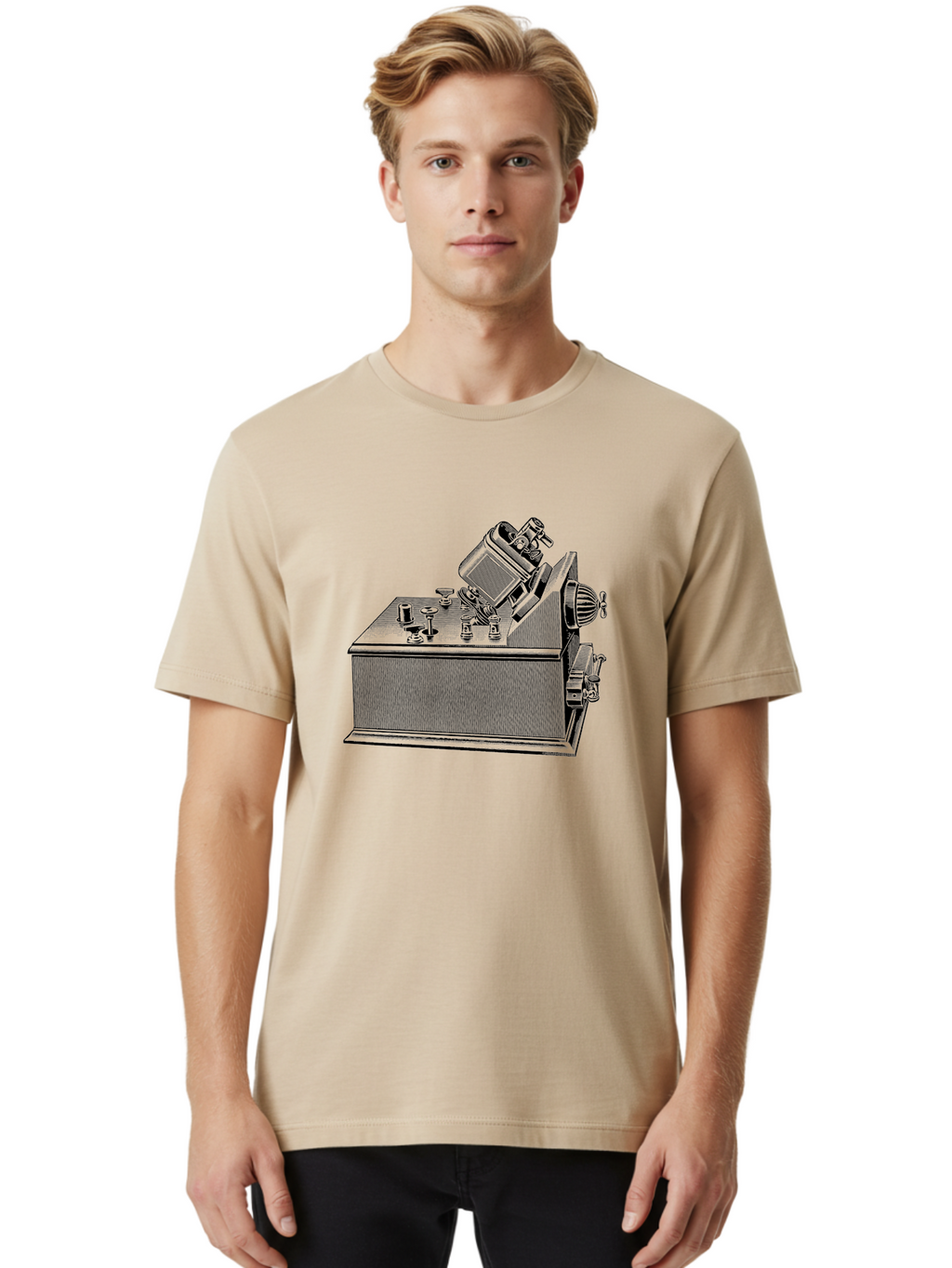 Telegraph-Machine Men'S Graphic Tee, 100% Cotton, Comfortable Casual Summer Wear, Machine Washable, Telegraph Machine, Vintage Communication Device, Antique Technology, Old-Fashioned Telegraph, Historical Equipment, Classic Machinery, Aad653
