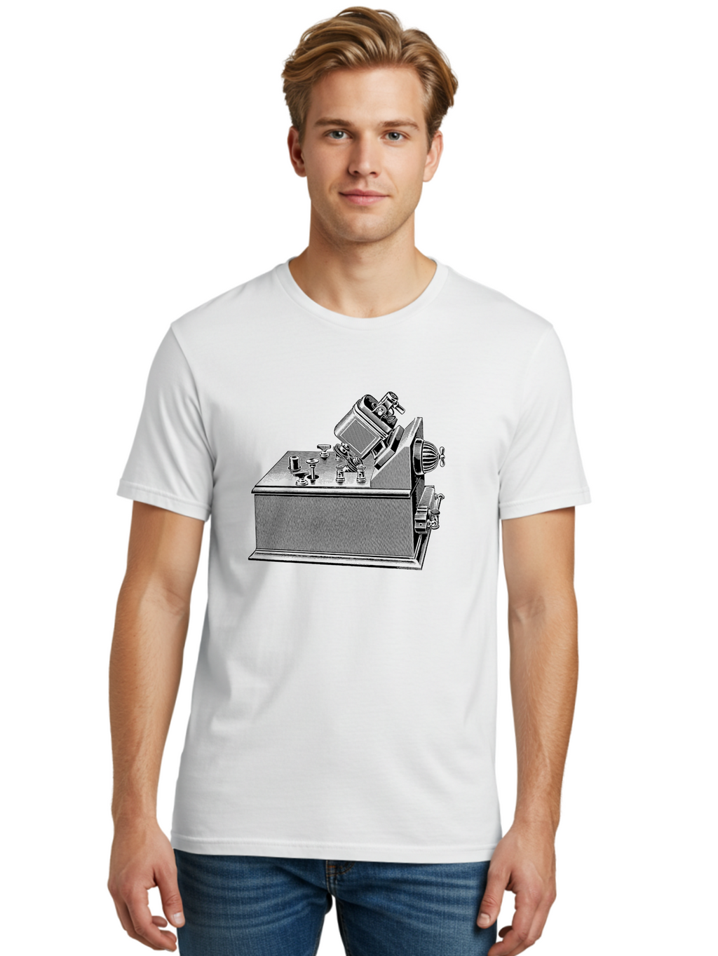 Telegraph-Machine Men'S Graphic Tee, 100% Cotton, Comfortable Casual Summer Wear, Machine Washable, Telegraph Machine, Vintage Communication Device, Antique Technology, Old-Fashioned Telegraph, Historical Equipment, Classic Machinery, Aad653