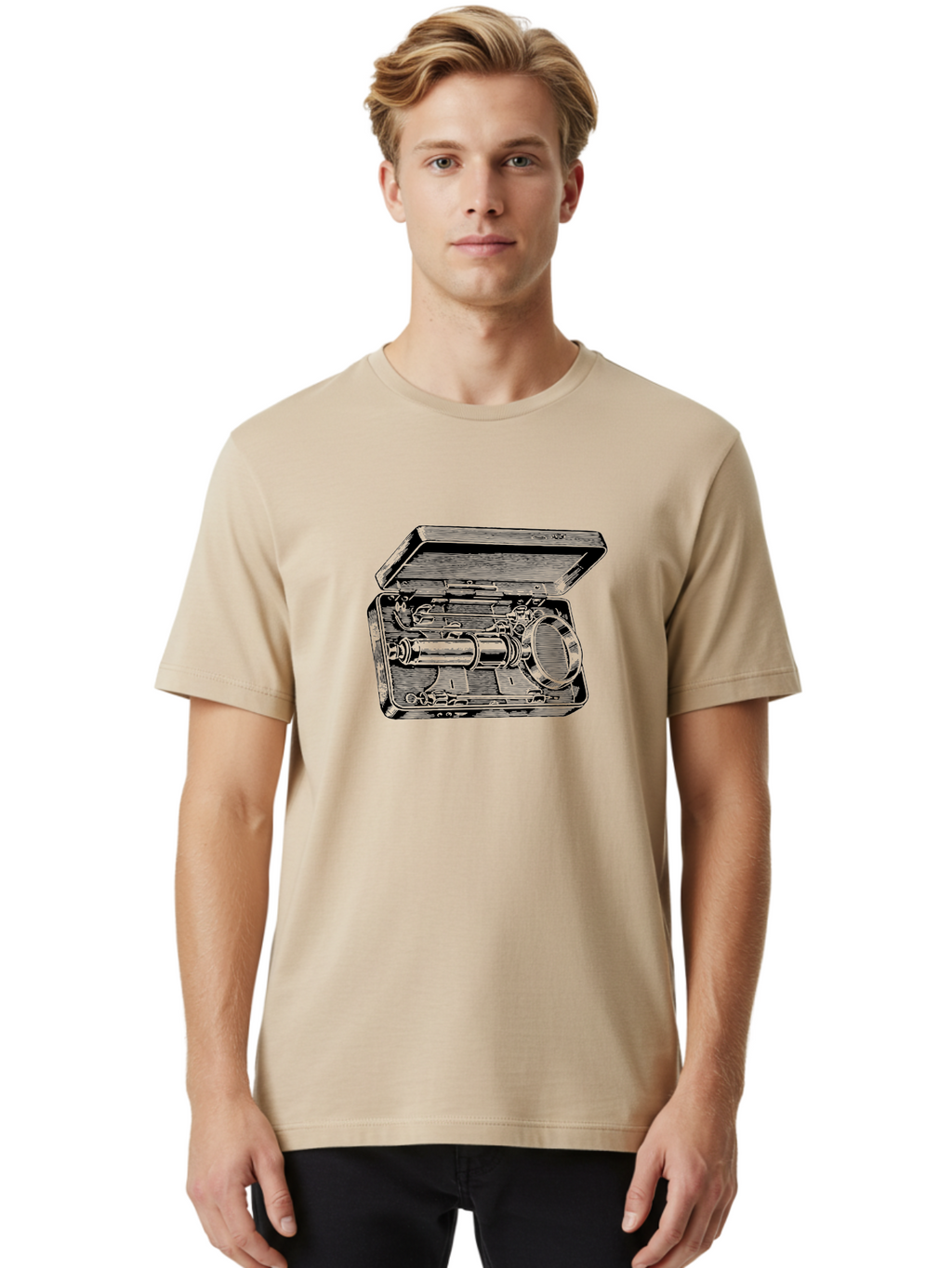 Telescope-In-Case Men'S Graphic Tee, 100% Cotton, Comfortable Casual Summer Wear, Machine Washable, Telescope In A Case, Astronomy Equipment, Stargazing Tools, Scientific Instruments, Optical Devices, Vintage Telescope, Antique Astronomy Aad654