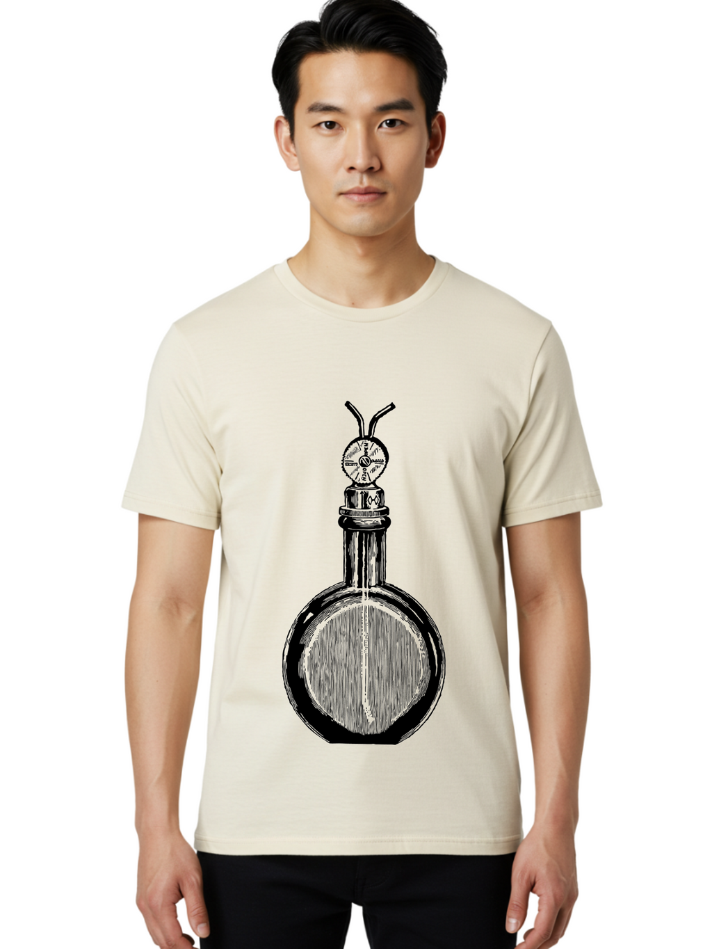 Time-Hourglass Men'S Graphic Tee, 100% Cotton, Comfortable Casual Summer Wear, Machine Washable, Sketch Of Bottle, Time Symbol, Clock Face, Abstract Art, Surrealism, Unique Design, Mysterious, Whimsical, Creative Expression Aad658