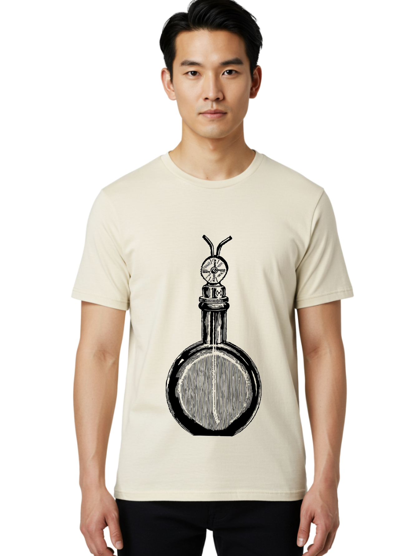 Time-Hourglass Men'S Graphic Tee, 100% Cotton, Comfortable Casual Summer Wear, Machine Washable, Sketch Of Bottle, Time Symbol, Clock Face, Abstract Art, Surrealism, Unique Design, Mysterious, Whimsical, Creative Expression Aad658