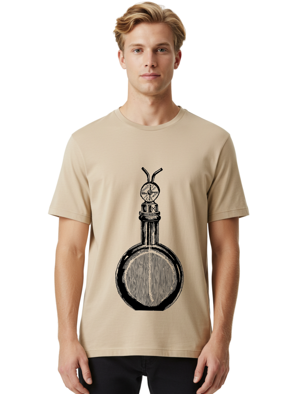 Time-Hourglass Men'S Graphic Tee, 100% Cotton, Comfortable Casual Summer Wear, Machine Washable, Sketch Of Bottle, Time Symbol, Clock Face, Abstract Art, Surrealism, Unique Design, Mysterious, Whimsical, Creative Expression Aad658