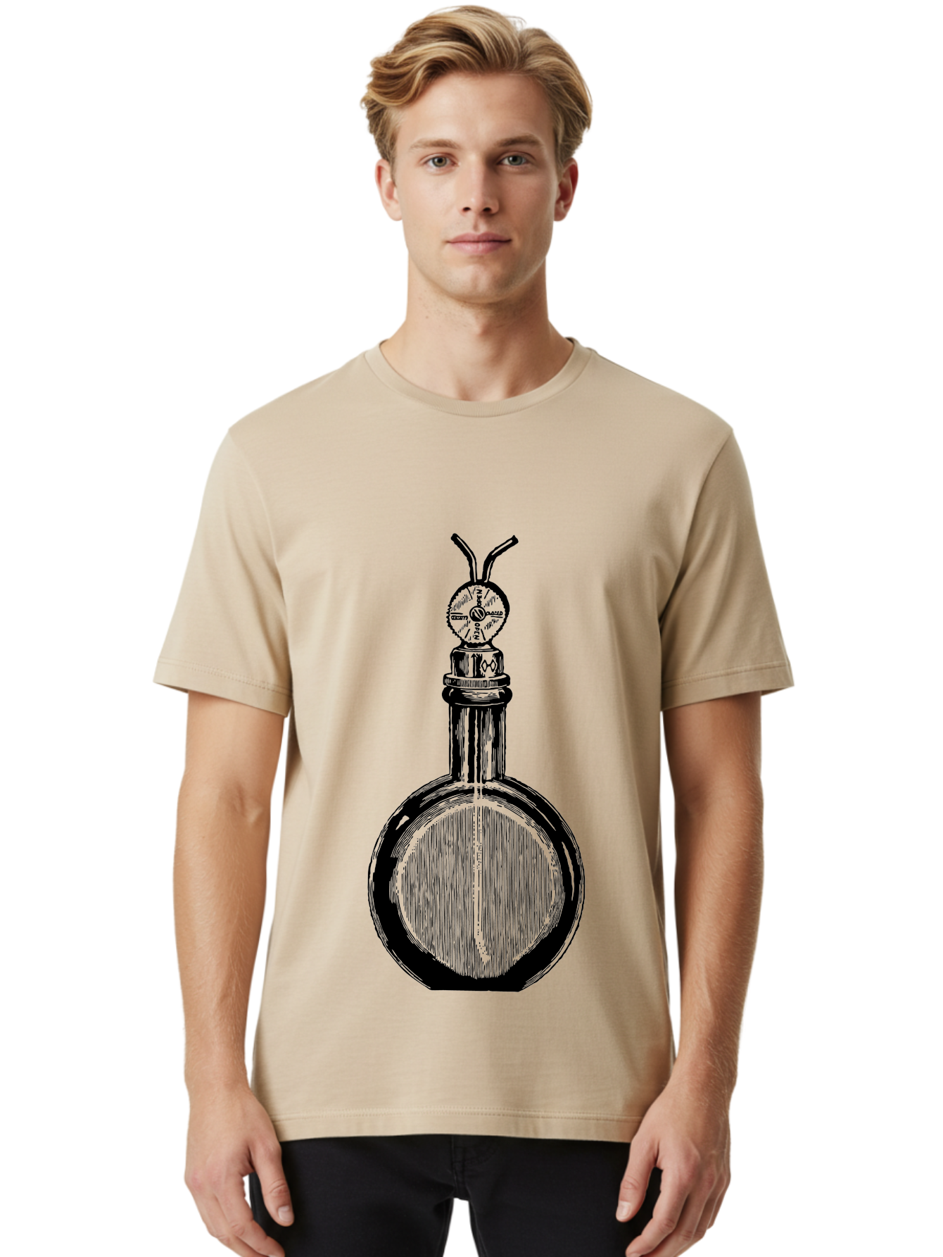 Time-Hourglass Men'S Graphic Tee, 100% Cotton, Comfortable Casual Summer Wear, Machine Washable, Sketch Of Bottle, Time Symbol, Clock Face, Abstract Art, Surrealism, Unique Design, Mysterious, Whimsical, Creative Expression Aad658