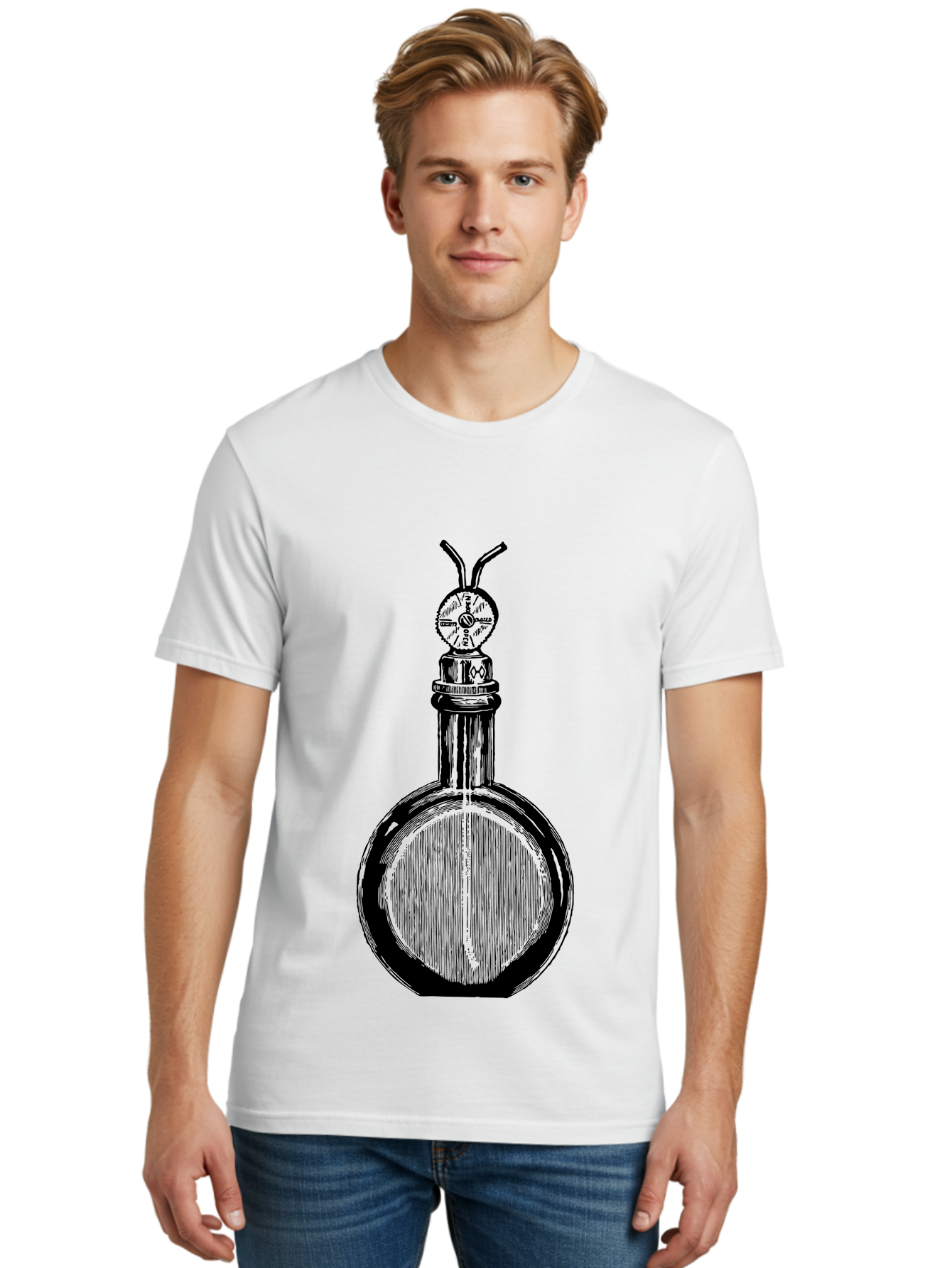 Time-Hourglass Men'S Graphic Tee, 100% Cotton, Comfortable Casual Summer Wear, Machine Washable, Sketch Of Bottle, Time Symbol, Clock Face, Abstract Art, Surrealism, Unique Design, Mysterious, Whimsical, Creative Expression Aad658