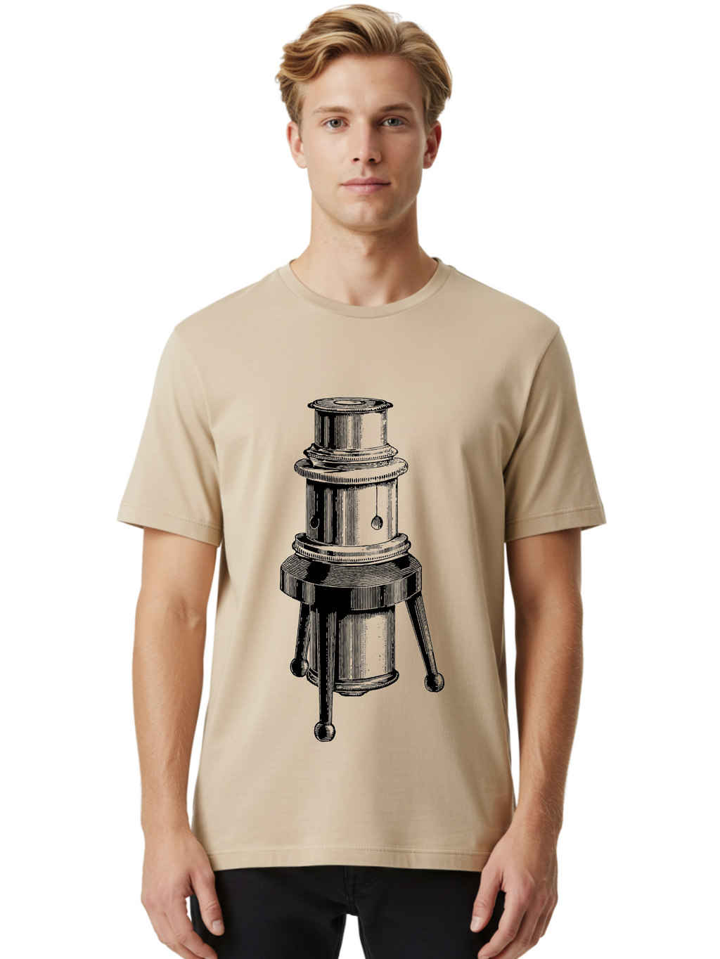 Vintage-Microscope Men'S Graphic Tee, 100% Cotton, Comfortable Casual Summer Wear, Machine Washable, Microscope Illustration, Scientific Equipment, Laboratory Tool, Vintage Style, Detailed Drawing, Optical Instrument, Biology Research Aad660