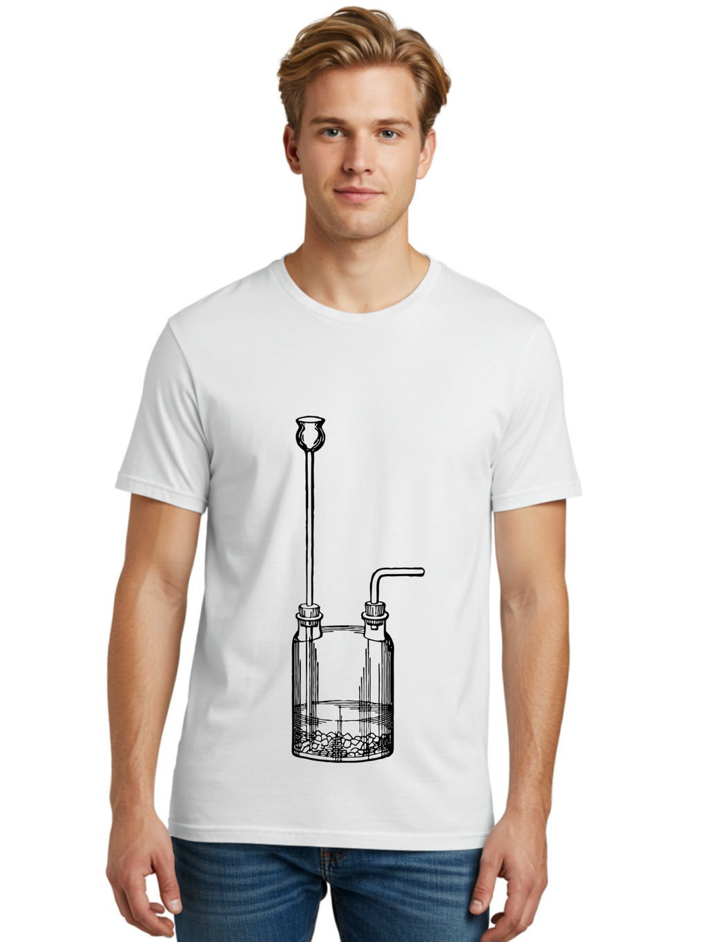 Wash-Bottle Men'S Graphic Tee, 100% Cotton, Comfortable Casual Summer Wear, Machine Washable, Laboratory Equipment, Glassware, Scientific Apparatus, Chemical Container, Woulfe Bottle, Laboratory Setup Aad661