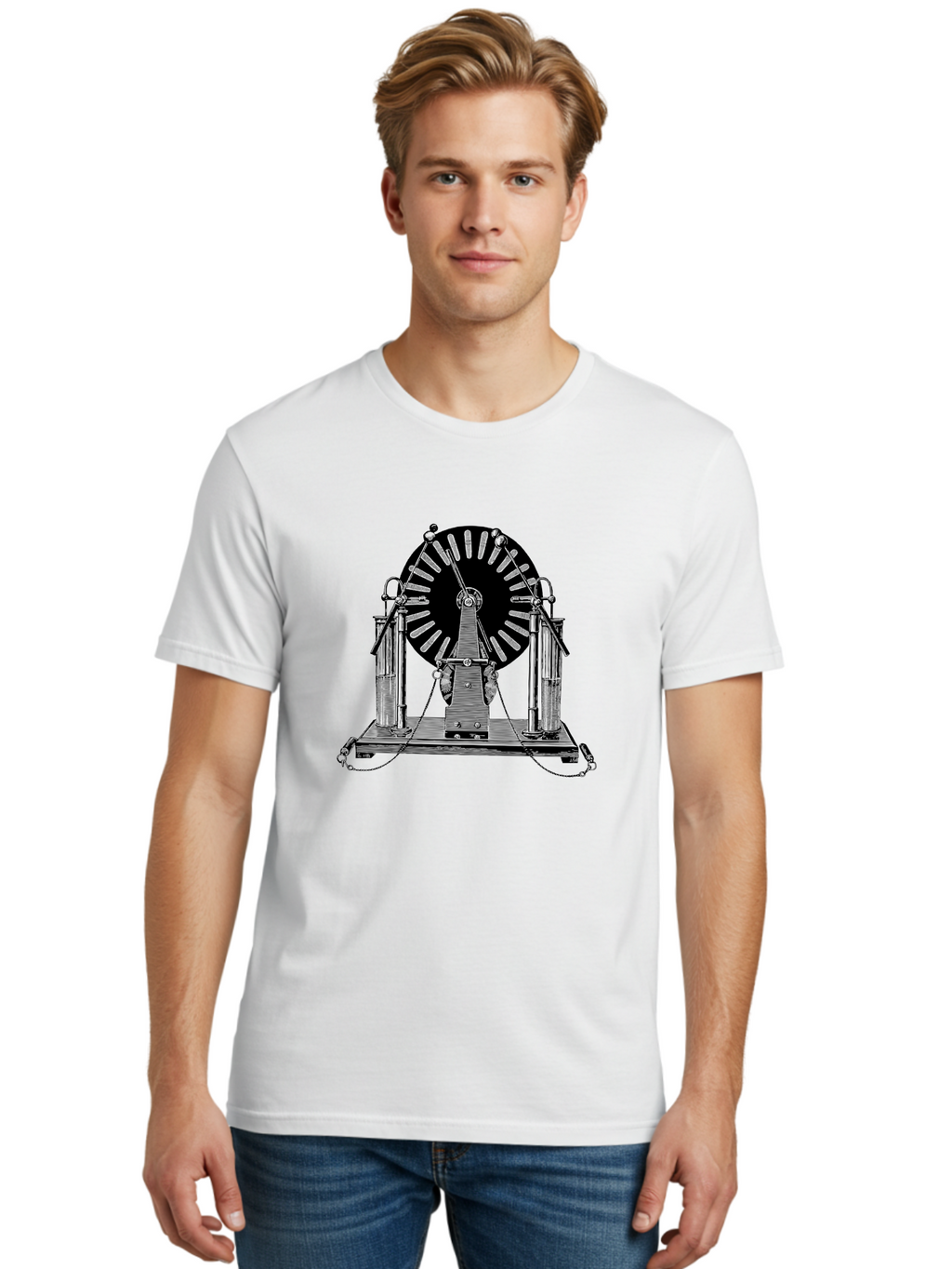 Wimshurst-Machine Men'S Graphic Tee, 100% Cotton, Comfortable Casual Summer Wear, Machine Washable, Electrostatic Generator, Wimshurst Machine, Scientific Equipment, Vintage Technology, Static Electricity, Experimental Device, Aad663