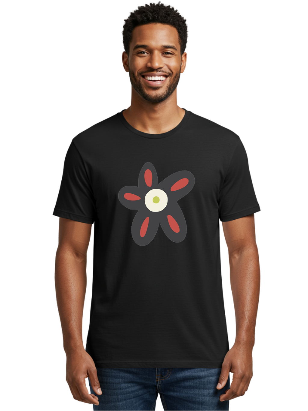 Men'S Graphic Tee, 100% Cotton, Comfortable Casual Summer Wear, Machine Washable, Stylized Flower, Floral Design, Modern Art, Abstract Flower, Minimalist Graphic, Six Petals, Bold Colors, Simple Shapes Aad666