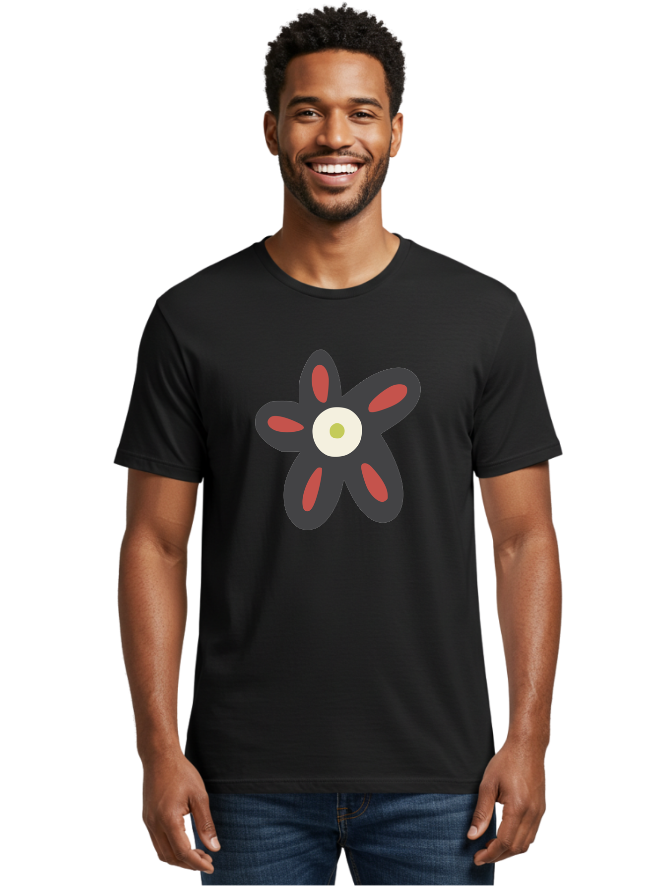 Men'S Graphic Tee, 100% Cotton, Comfortable Casual Summer Wear, Machine Washable, Stylized Flower, Floral Design, Modern Art, Abstract Flower, Minimalist Graphic, Six Petals, Bold Colors, Simple Shapes Aad666