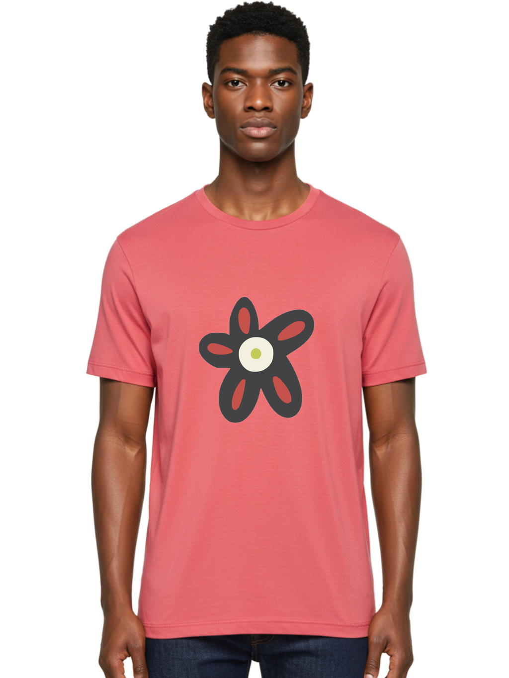 Men'S Graphic Tee, 100% Cotton, Comfortable Casual Summer Wear, Machine Washable, Stylized Flower, Floral Design, Modern Art, Abstract Flower, Minimalist Graphic, Six Petals, Bold Colors, Simple Shapes Aad666