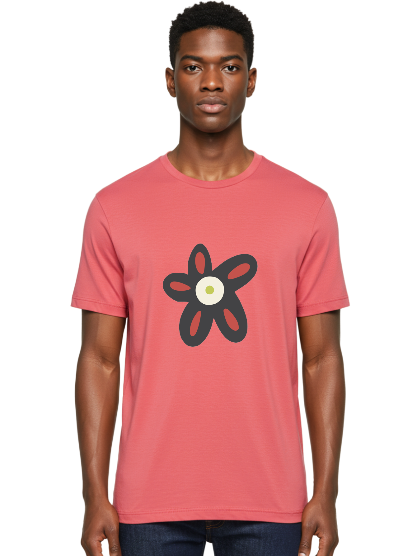 Men'S Graphic Tee, 100% Cotton, Comfortable Casual Summer Wear, Machine Washable, Stylized Flower, Floral Design, Modern Art, Abstract Flower, Minimalist Graphic, Six Petals, Bold Colors, Simple Shapes Aad666