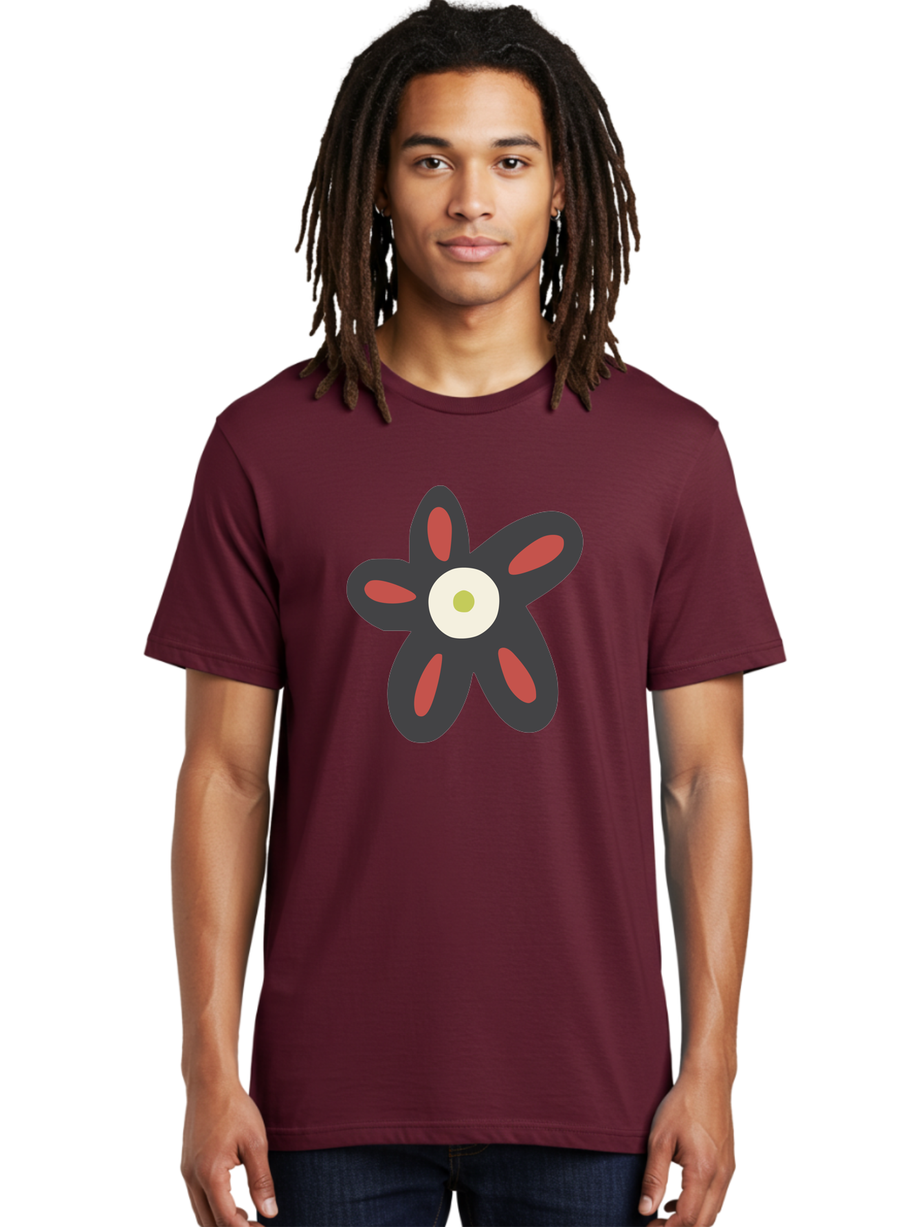 Men'S Graphic Tee, 100% Cotton, Comfortable Casual Summer Wear, Machine Washable, Stylized Flower, Floral Design, Modern Art, Abstract Flower, Minimalist Graphic, Six Petals, Bold Colors, Simple Shapes Aad666