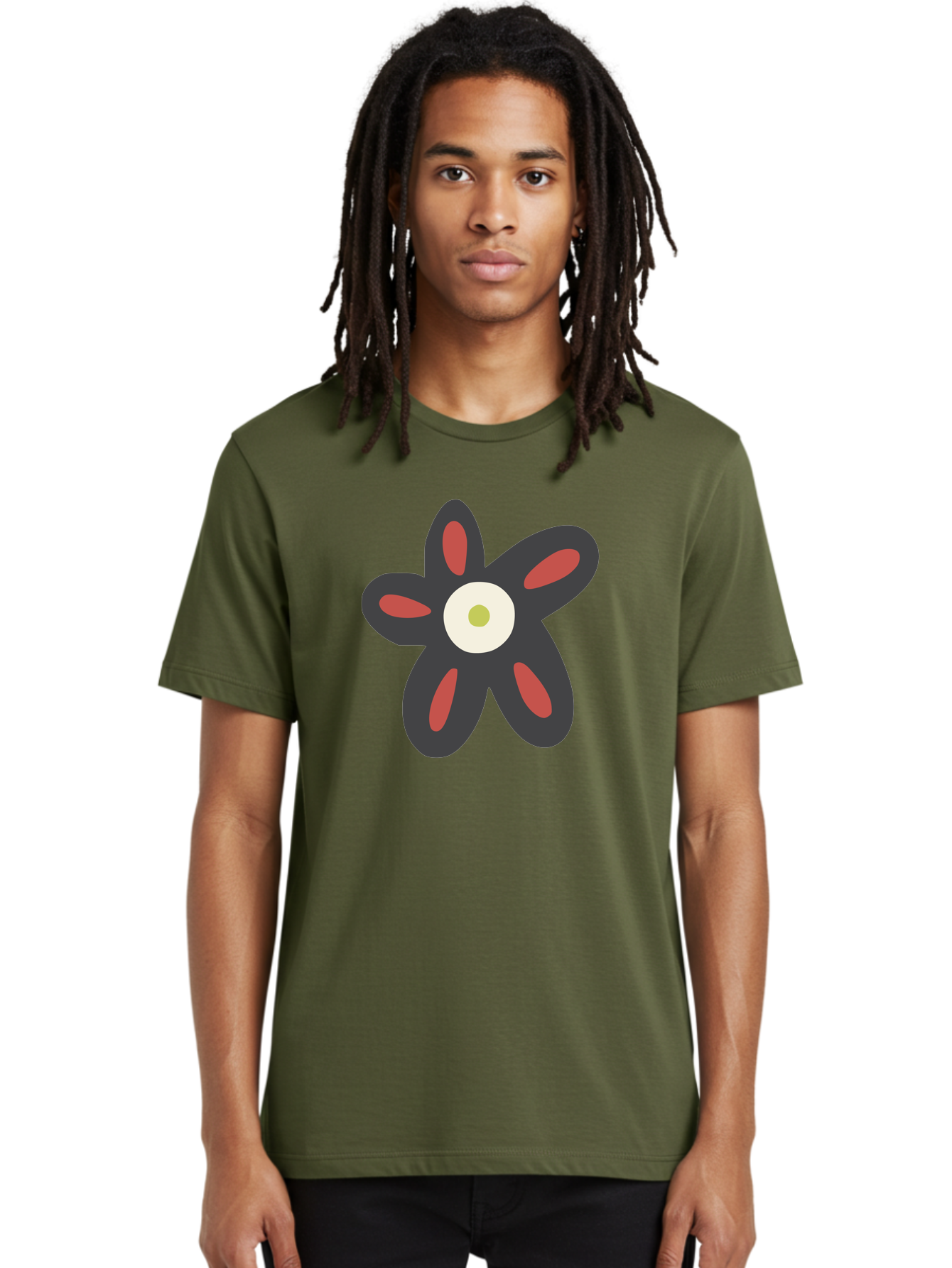 Men'S Graphic Tee, 100% Cotton, Comfortable Casual Summer Wear, Machine Washable, Stylized Flower, Floral Design, Modern Art, Abstract Flower, Minimalist Graphic, Six Petals, Bold Colors, Simple Shapes Aad666