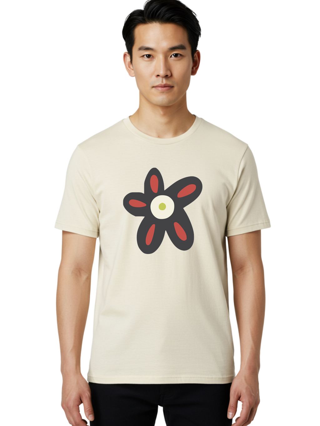 Men'S Graphic Tee, 100% Cotton, Comfortable Casual Summer Wear, Machine Washable, Stylized Flower, Floral Design, Modern Art, Abstract Flower, Minimalist Graphic, Six Petals, Bold Colors, Simple Shapes Aad666
