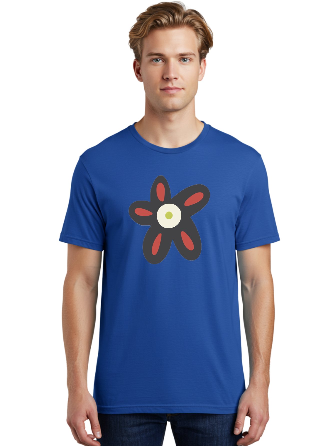 Men'S Graphic Tee, 100% Cotton, Comfortable Casual Summer Wear, Machine Washable, Stylized Flower, Floral Design, Modern Art, Abstract Flower, Minimalist Graphic, Six Petals, Bold Colors, Simple Shapes Aad666