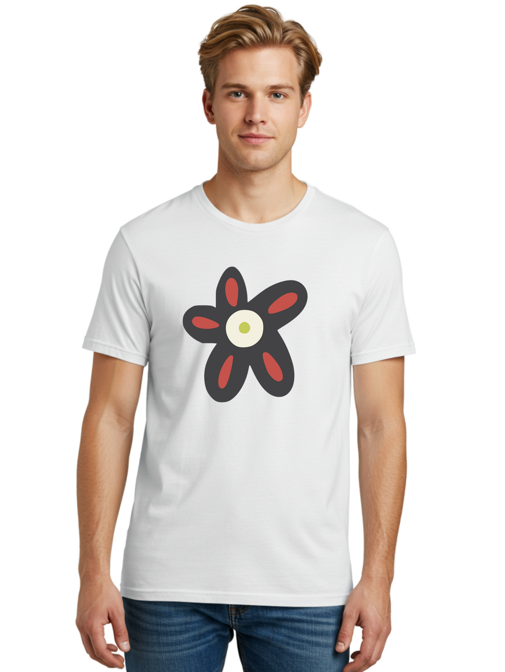 Men'S Graphic Tee, 100% Cotton, Comfortable Casual Summer Wear, Machine Washable, Stylized Flower, Floral Design, Modern Art, Abstract Flower, Minimalist Graphic, Six Petals, Bold Colors, Simple Shapes Aad666