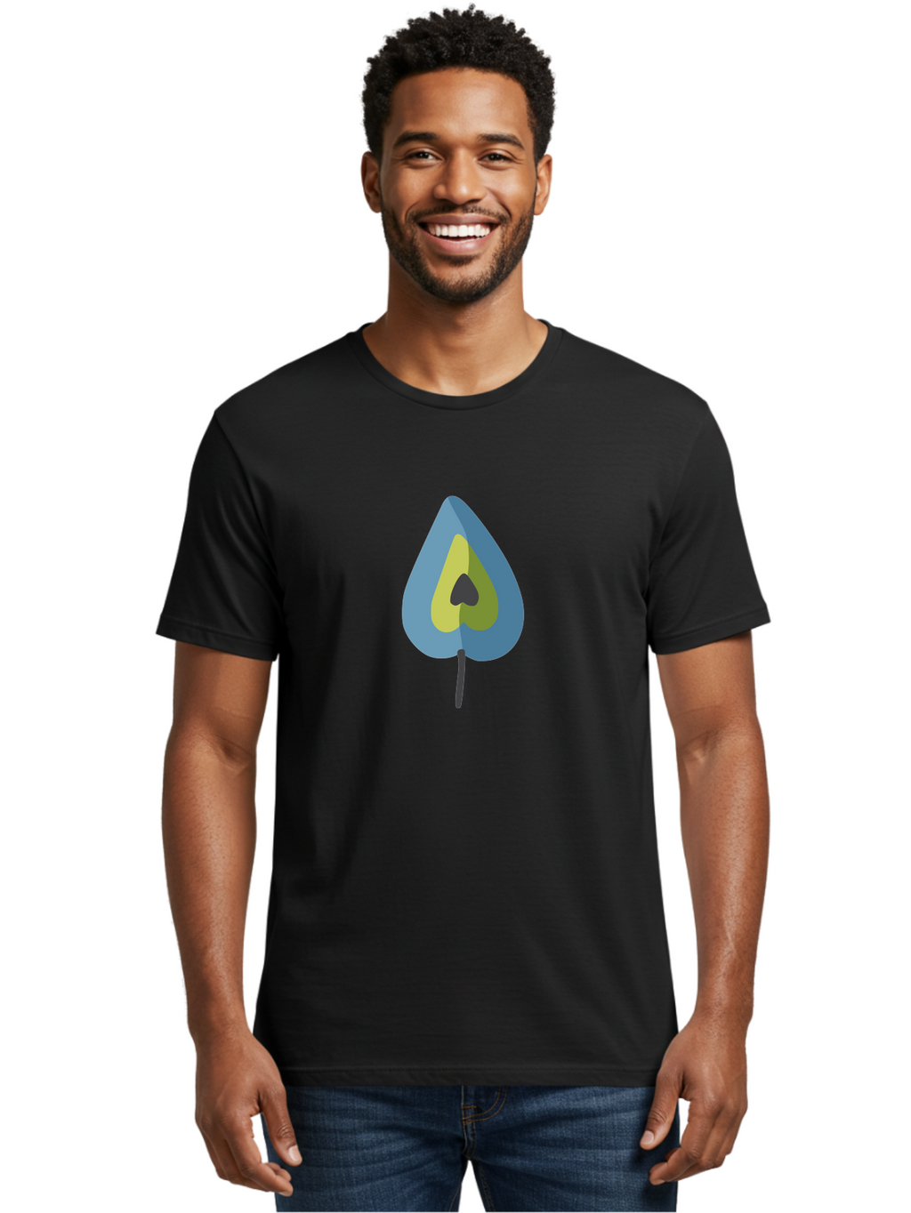 Avocado-1 Men'S Graphic Tee, 100% Cotton, Comfortable Casual Summer Wear, Machine Washable, Stylized Leaf, Blue And Yellow Design, Heart-Shaped Center, Black Stem, Abstract Art, Modern Illustration, Symbolic Leaf, Minimalist Graphic Aad668