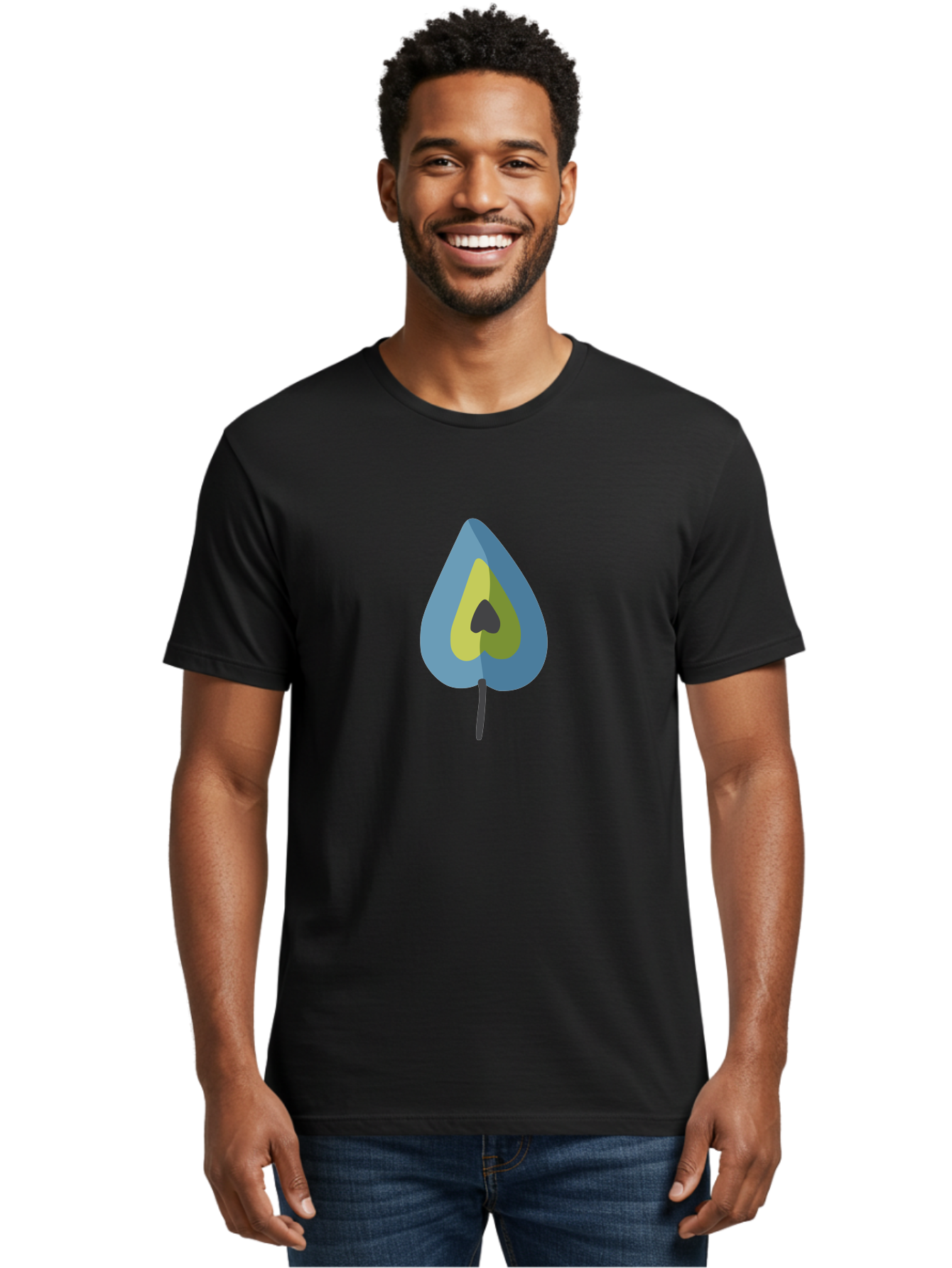 Avocado-1 Men'S Graphic Tee, 100% Cotton, Comfortable Casual Summer Wear, Machine Washable, Stylized Leaf, Blue And Yellow Design, Heart-Shaped Center, Black Stem, Abstract Art, Modern Illustration, Symbolic Leaf, Minimalist Graphic Aad668
