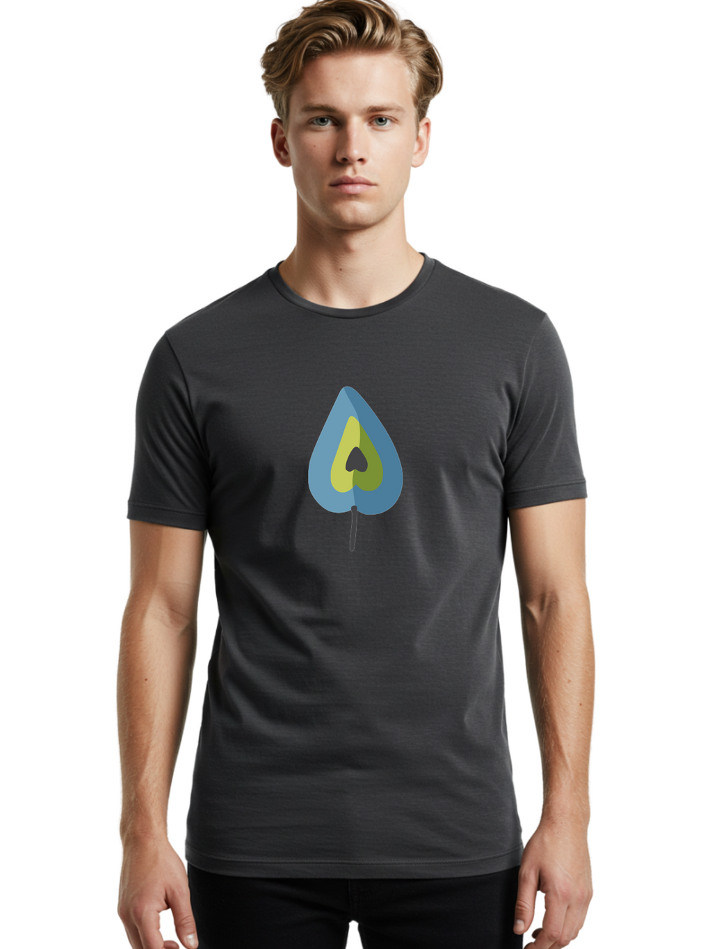 Avocado-1 Men'S Graphic Tee, 100% Cotton, Comfortable Casual Summer Wear, Machine Washable, Stylized Leaf, Blue And Yellow Design, Heart-Shaped Center, Black Stem, Abstract Art, Modern Illustration, Symbolic Leaf, Minimalist Graphic Aad668