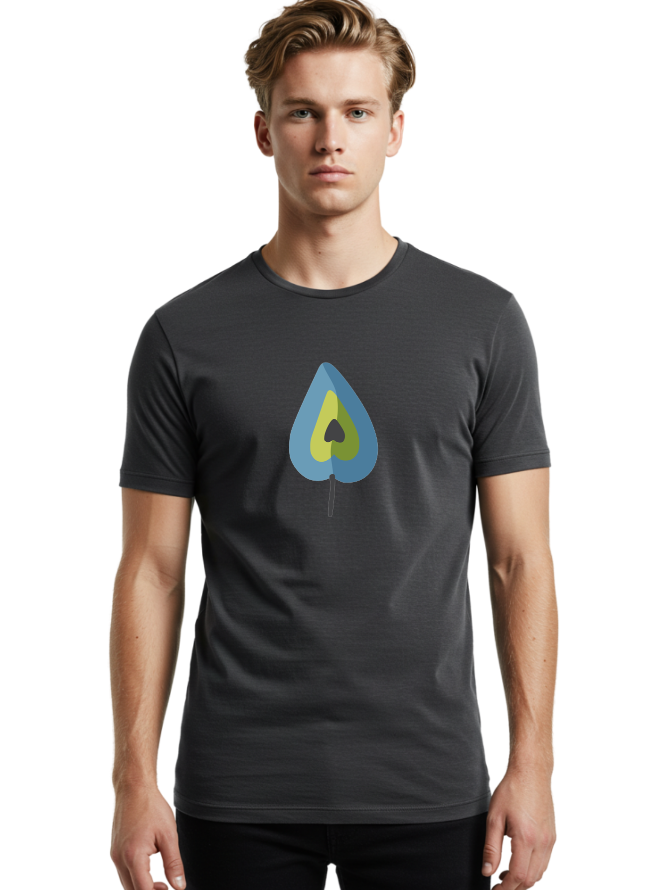 Avocado-1 Men'S Graphic Tee, 100% Cotton, Comfortable Casual Summer Wear, Machine Washable, Stylized Leaf, Blue And Yellow Design, Heart-Shaped Center, Black Stem, Abstract Art, Modern Illustration, Symbolic Leaf, Minimalist Graphic Aad668