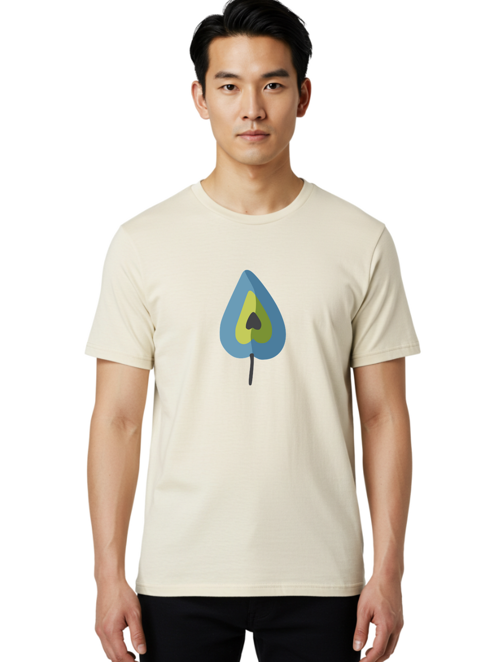 Avocado-1 Men'S Graphic Tee, 100% Cotton, Comfortable Casual Summer Wear, Machine Washable, Stylized Leaf, Blue And Yellow Design, Heart-Shaped Center, Black Stem, Abstract Art, Modern Illustration, Symbolic Leaf, Minimalist Graphic Aad668