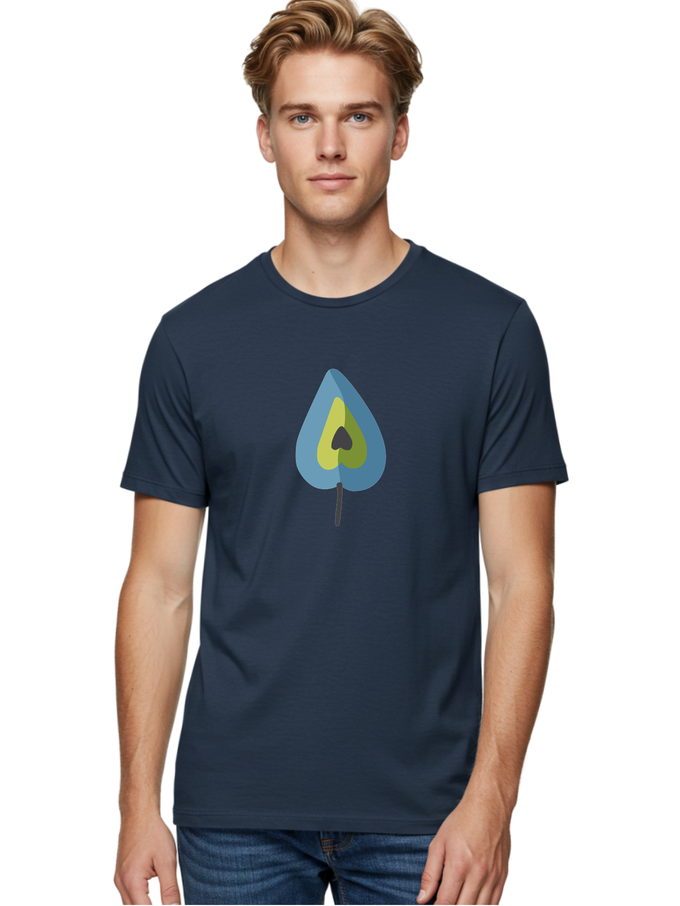 Avocado-1 Men'S Graphic Tee, 100% Cotton, Comfortable Casual Summer Wear, Machine Washable, Stylized Leaf, Blue And Yellow Design, Heart-Shaped Center, Black Stem, Abstract Art, Modern Illustration, Symbolic Leaf, Minimalist Graphic Aad668