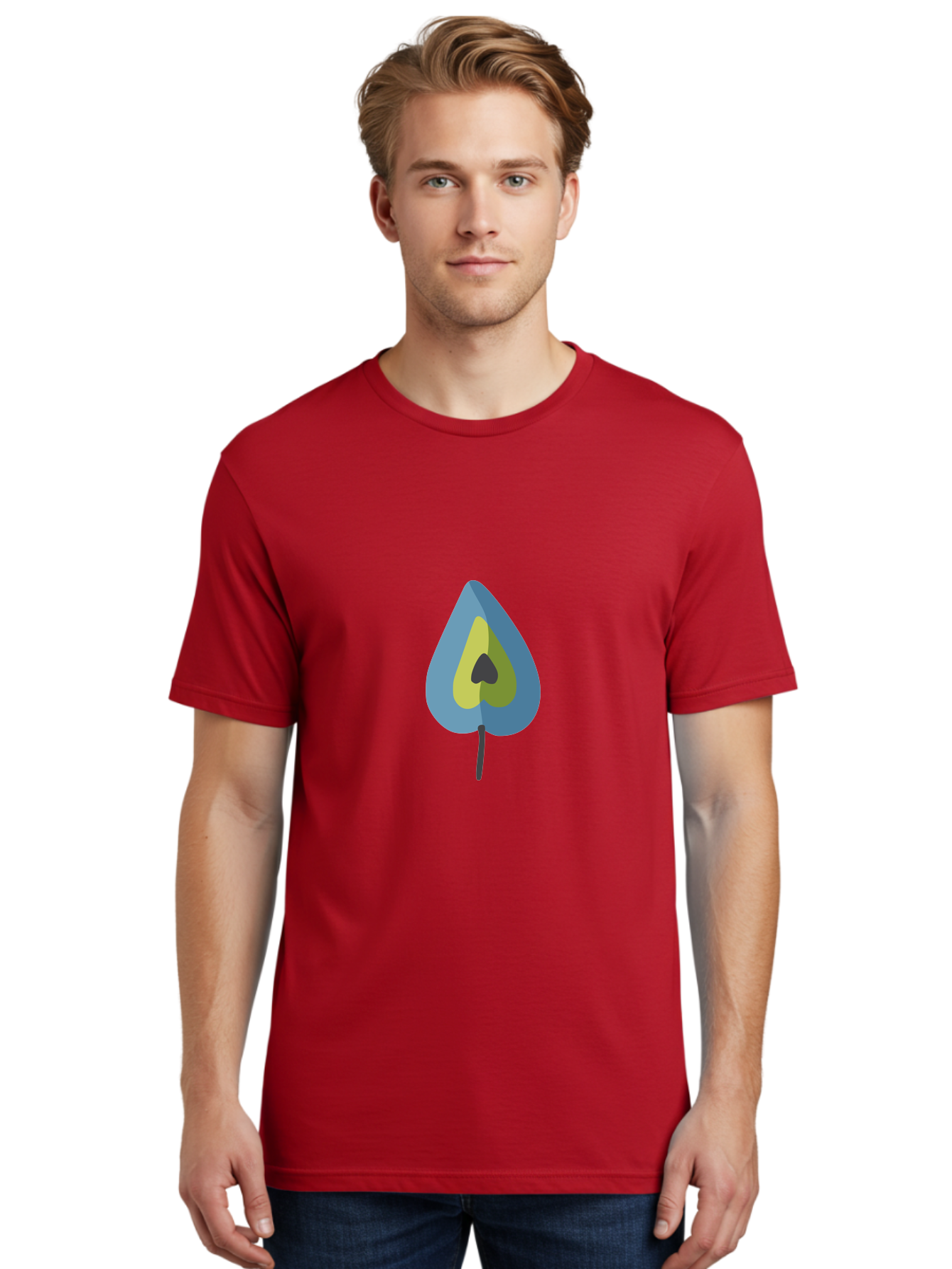 Avocado-1 Men'S Graphic Tee, 100% Cotton, Comfortable Casual Summer Wear, Machine Washable, Stylized Leaf, Blue And Yellow Design, Heart-Shaped Center, Black Stem, Abstract Art, Modern Illustration, Symbolic Leaf, Minimalist Graphic Aad668