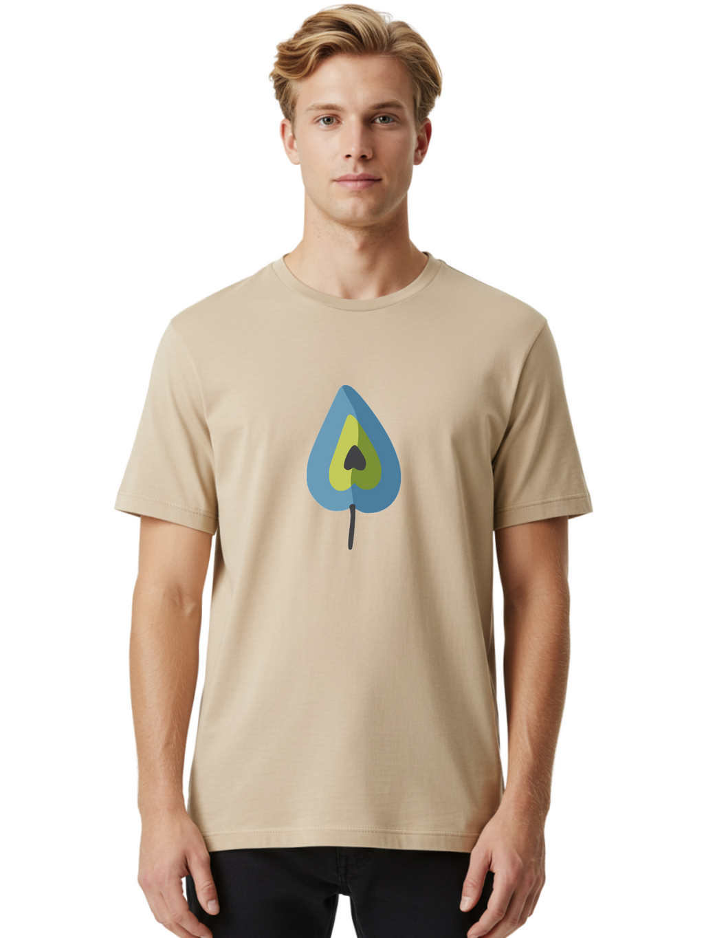 Avocado-1 Men'S Graphic Tee, 100% Cotton, Comfortable Casual Summer Wear, Machine Washable, Stylized Leaf, Blue And Yellow Design, Heart-Shaped Center, Black Stem, Abstract Art, Modern Illustration, Symbolic Leaf, Minimalist Graphic Aad668