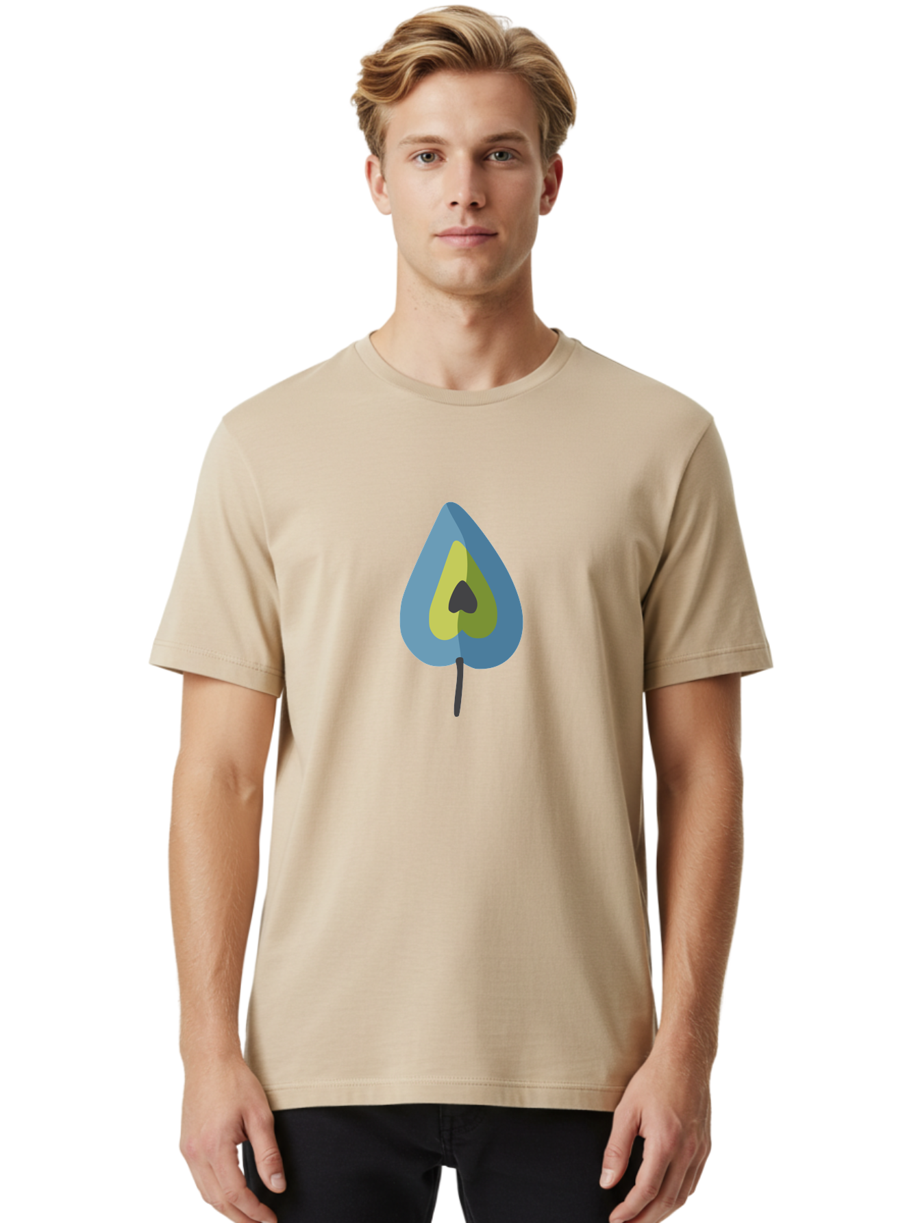 Avocado-1 Men'S Graphic Tee, 100% Cotton, Comfortable Casual Summer Wear, Machine Washable, Stylized Leaf, Blue And Yellow Design, Heart-Shaped Center, Black Stem, Abstract Art, Modern Illustration, Symbolic Leaf, Minimalist Graphic Aad668