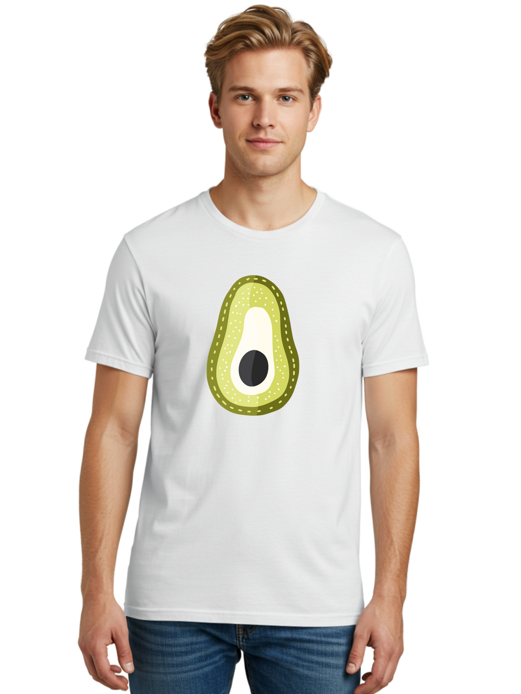 Avocado Men'S Graphic Tee, 100% Cotton, Comfortable Casual Summer Wear, Machine Washable, Avocado Slice, Ripe Avocado, Green Fruit, Single Pit, Avocado Texture, Cartoon Style, Healthy Eating, Nutritious Food, Fruit Illustration Aad671